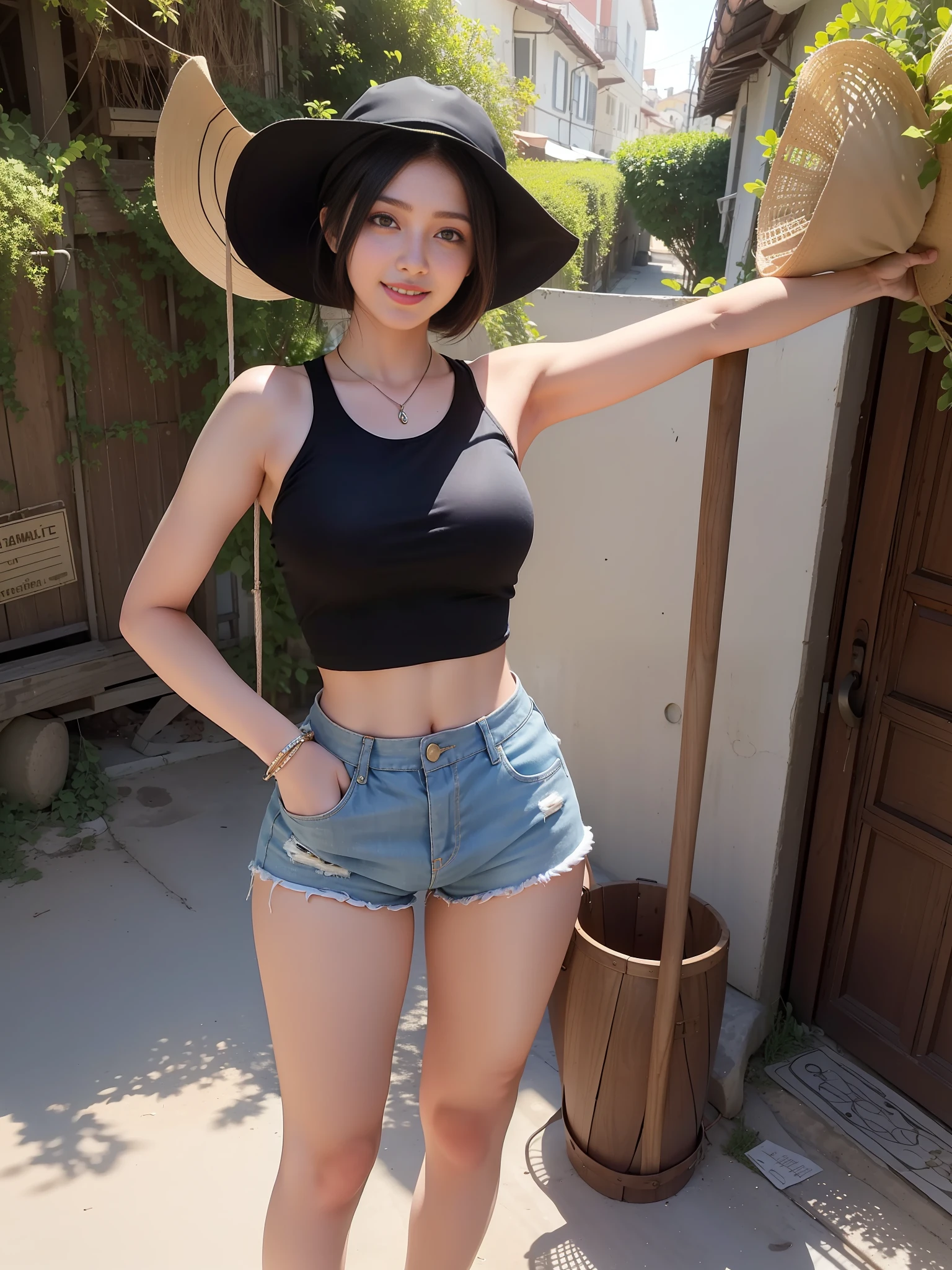 (realistic, perfect, photograph), a 20-year-old Turkish girl with a big butt wearing twerk-style shorts, slender figure, smiling determinedly, standing on an old town street, staring into the camera against the backlight, holding a fisherman's hat in her hand, large hips in evidence