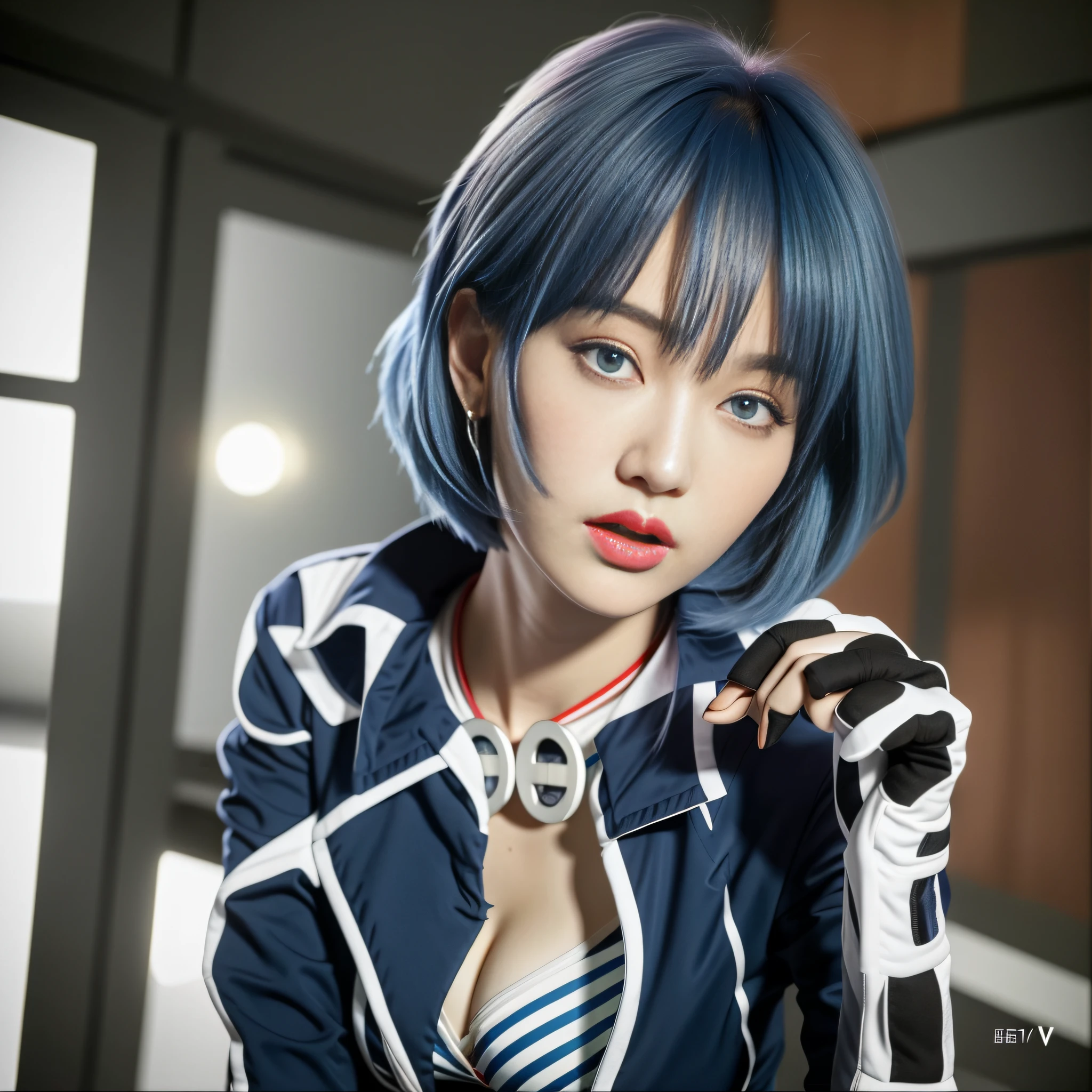 Top Quality, Ultra High Definition, (Photorealistic: 1.4), Blue Eyes, Watch Viewer, Blush, Red Lips, (ulzzang-6500-v1.1:1), Rei Ayanami, Enhanced Suit (Best Quality, 8k, 32k, Masterpiece, UHD: 1.2), Detailed Eyes, Black Eyes, Double Eyelids, Watch Viewer, (Big: 3) (Cleavage: 1.2), Japan Anime, Evangelion, Rei Ayanami, Japan idol, Japan, Asian woman, hands raised, big, protruding breasts, studio color, plug suit, ~20 years old, long eyes, blue short hair, narrow eyes, Buddha eyes, open mouth, serious eyes, warrior, dark blue hair,