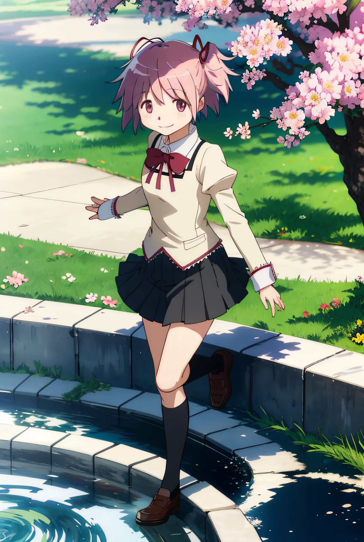 1girl, solo, madoka, school uniform, black skirt, happy, closed mouth, outdoors background, park, tree, flower, fountain,