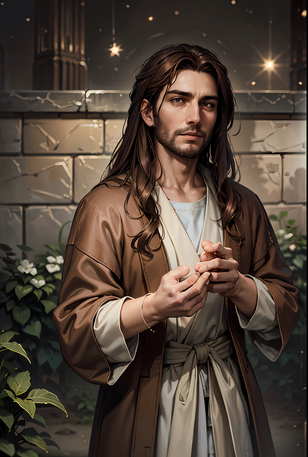 Jesus Christ (biblical male) robes of his time, brown hair and brown coats, hyper realistic, contemplative-looking, looking up in a garden at night illuminated by moonlight (detailed oil painting style) --auto --s2