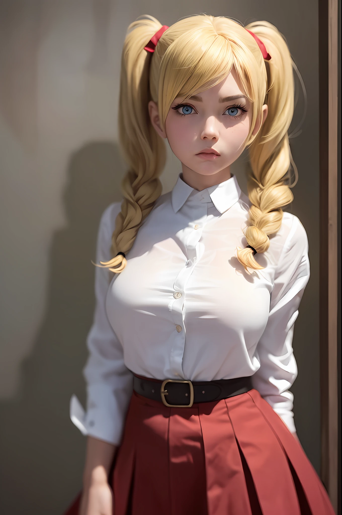 masterpiece, best quality, super detailed, beautiful detailed face, intricate details, flat color, depth of field, outline, overall view, camera far away, girl, standing far, teenager, anime, standing, standing upright, full-length, visible at full height, wide stance, (legs wide apart: 1.4), hands at the waist, (hands on the belt: 1.3), elbows to the sides, (fighting stance: 1.2), looks at the viewer,  (village:1), nature, (blonde:1.6), (twintails:1.5), red pleated miniskirt, red skirt, white shirt, white shirt, unbuttoned top buttons, unbuttoned shirt, white blouse, (without bra:1.1), plunging neckline, black tights, detailed skin texture, detailed fabric texture, huge breasts, (blue eyes:1,1), (ruddy:1), dissatisfied, angry, furious, (frowned:1.5)