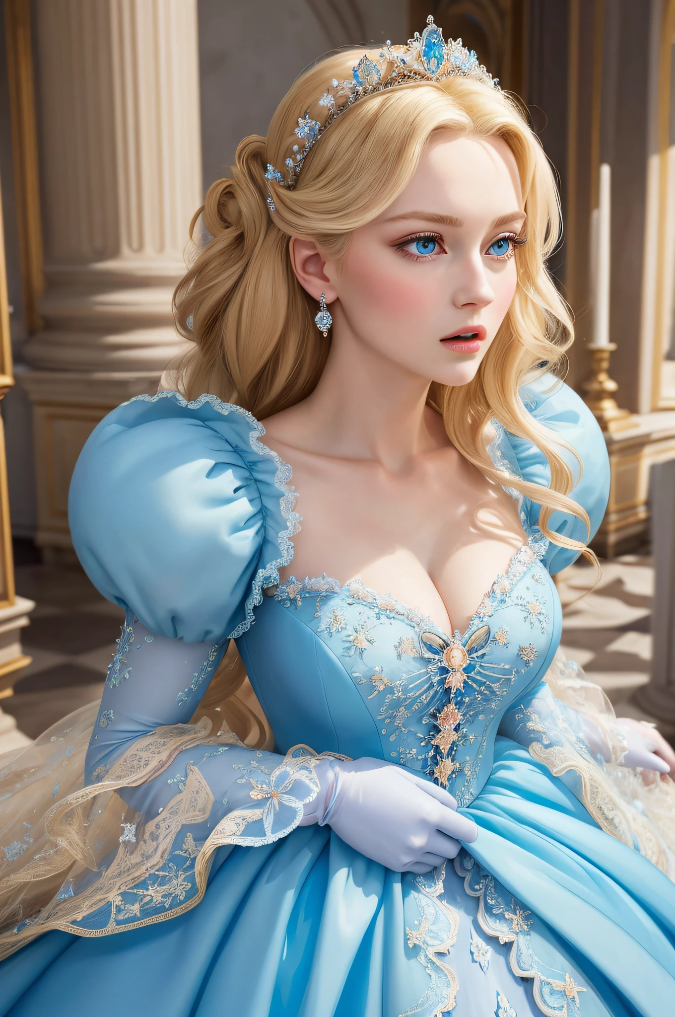 best quality, ((masterpiece)), portrait, shocked and surprised Cinderella is suddenly transformed into a princess in a stately and elaborate ballgown with huge puffed sleeves, ((perfect face)), elaborately curled and styled blonde hair, blue eyes (perfect eyes), looking down at her transformed dress