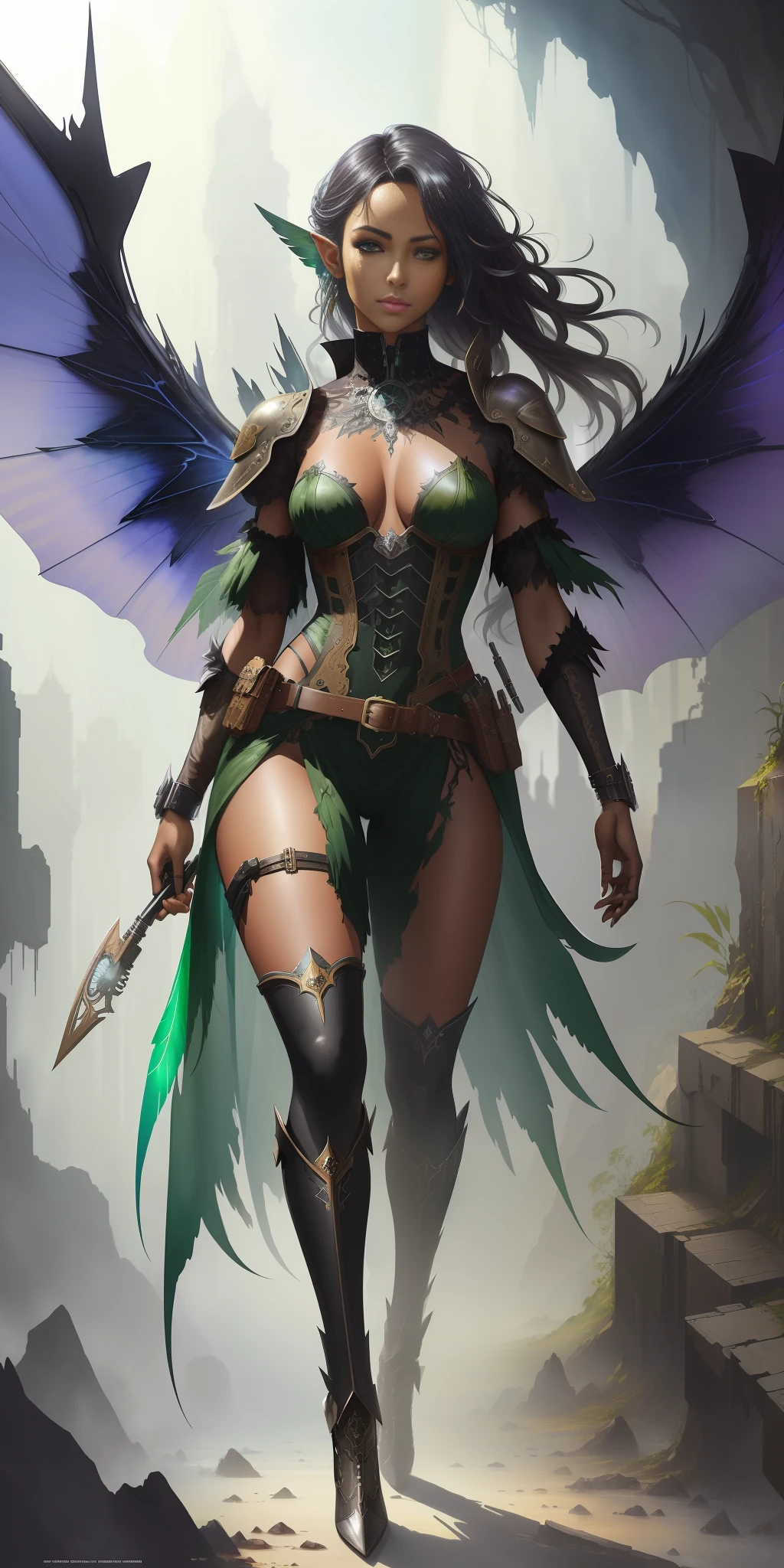 a masterpiece, (of a black fairy with a cyborg arm wearing alternative green leaf costume, large translucent wings), seductive, full body, natural pose, walking in a shadowy cave, Luis Royo, freedom, soul, digital illustration, ((steampunk style)), perfect anatomy, symmetrical face, well-turned eyes, beautiful face, elf ears, well-defined hips, (with belt with several pockets), centered, almost perfect, dynamic, highly detailed, watercolor painting, art station, concept art, smooth, sharp focus, illustration, dramatic light, artwork by Carne Griffiths and Wadim Kashin, unique, award-winning, masterpiece, torn clothes
