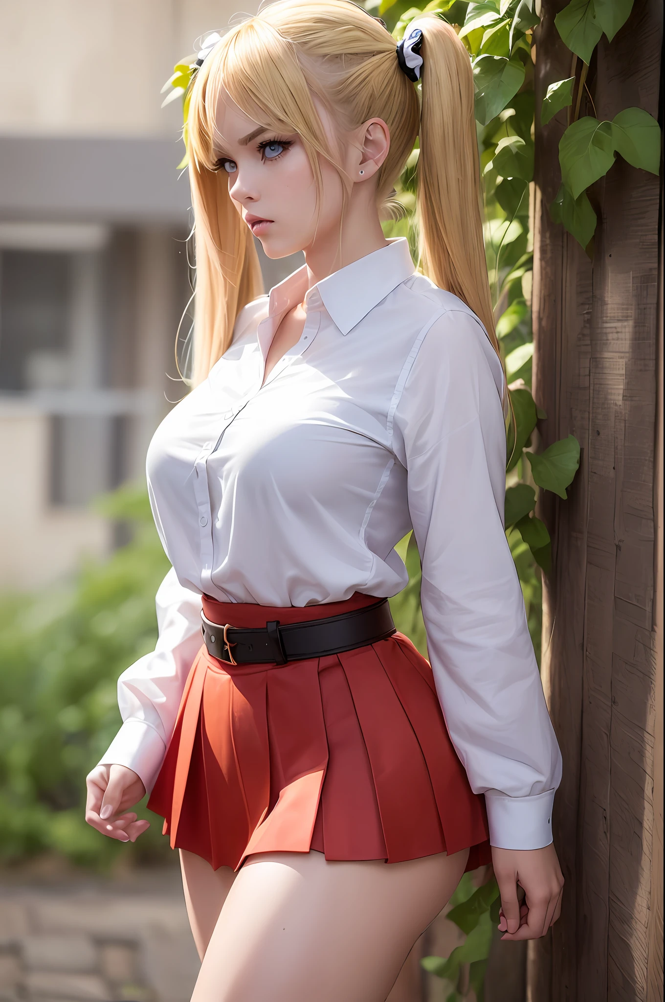 masterpiece, best quality, super detailed, beautiful detailed face, intricate details, flat color, depth of field, outline, overall view, camera far away, girl, standing far, teenager, anime, standing, standing upright, full-length, visible at full height, wide stance, (legs wide apart: 1.4), hands at the waist, (hands on the belt: 1.3), elbows to the sides, (fighting stance: 1.2), looks at the viewer, (village:1), nature, (blonde:1.6), (twintails:1.5), red pleated miniskirt, red skirt, white shirt, white shirt, unbuttoned top buttons, unbuttoned shirt, white blouse, (without bra:1.1), plunging neckline, black tights, detailed skin texture, detailed fabric texture, huge breasts, (blue eyes:1,1), (ruddy:1), (dissatisfied:1.5), angry, furious, (frowned:1.5)