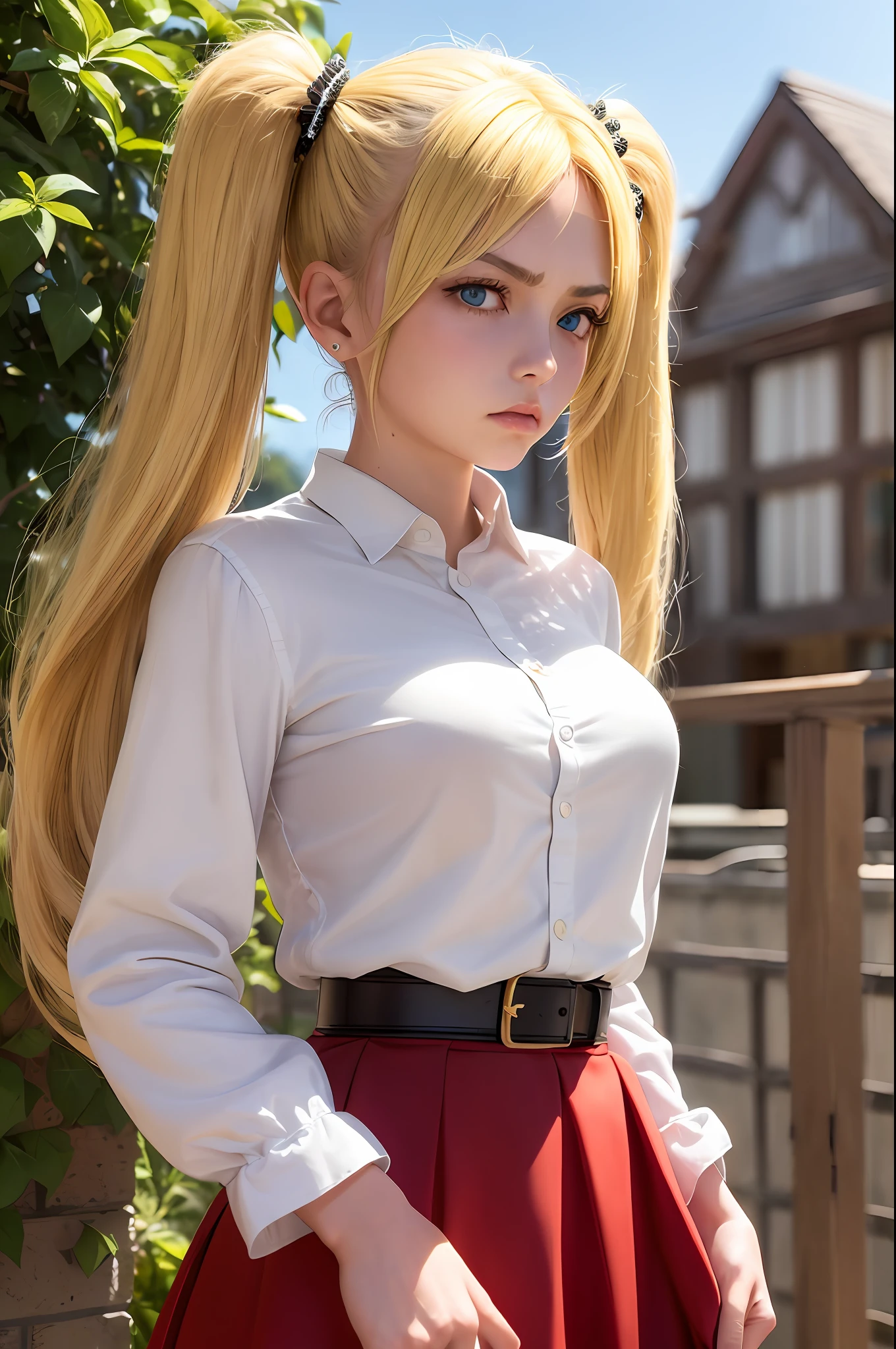 masterpiece, best quality, super detailed, beautiful detailed face, intricate details, flat color, depth of field, outline, overall view, camera far away, girl, standing far, teenager, anime, standing, standing upright, full-length, visible at full height, wide stance, (legs wide apart: 1.4), hands at the waist, (hands on the belt: 1.3), elbows to the sides, (fighting stance: 1.2), looks at the viewer,  (village:1), nature, (blonde:1.6), (twintails:1.5), red pleated miniskirt, red skirt, white shirt, white shirt, unbuttoned top buttons, unbuttoned shirt, white blouse, (without bra:1.1), plunging neckline, black tights, detailed skin texture, detailed fabric texture, huge breasts, (blue eyes:1,1), (ruddy:1), (dissatisfied:1.5), angry, furious, (frowned:1.5)