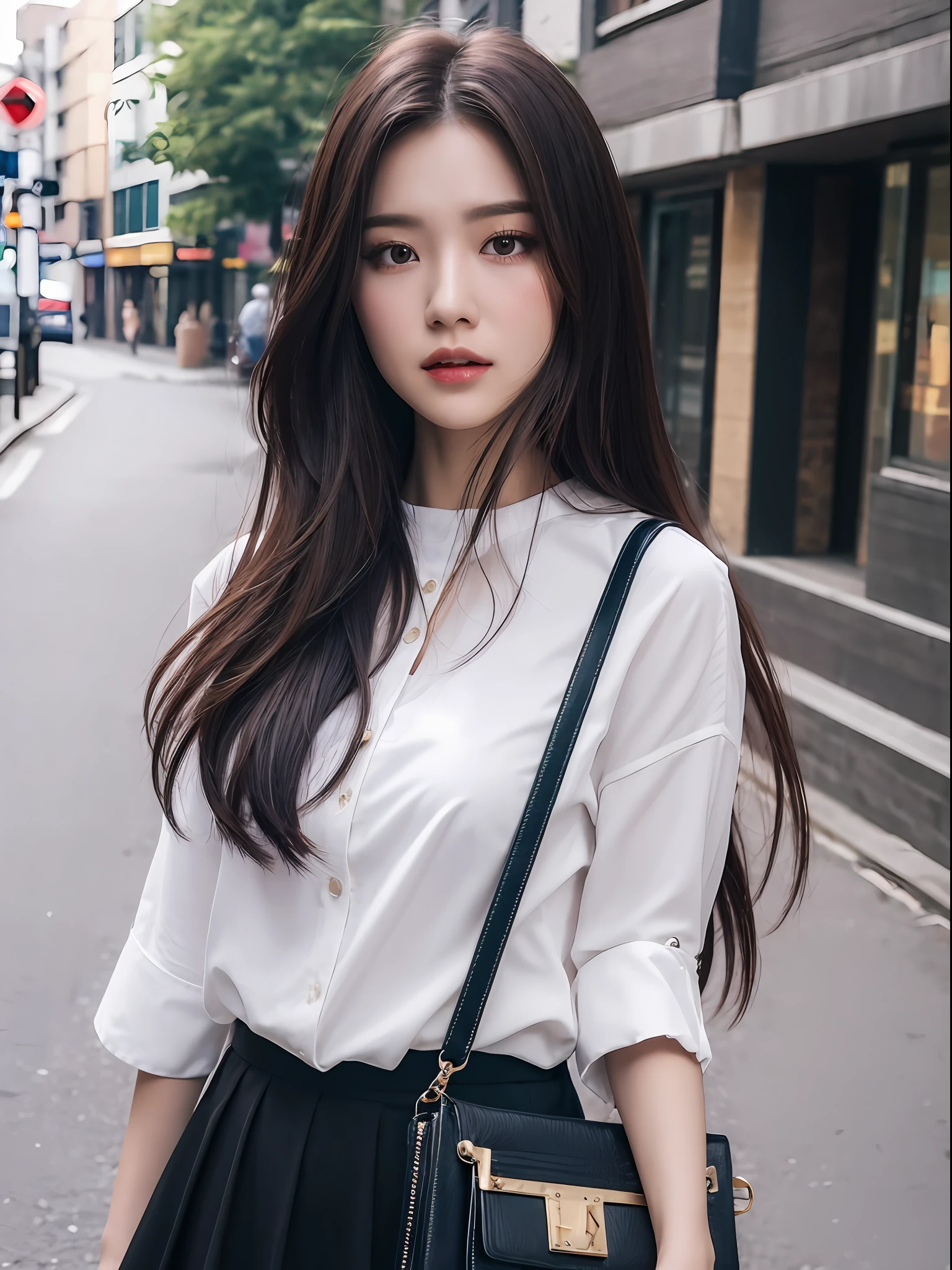 (A GIRL:1.4),(lora:russianDoll:0.3),(lora:TaiwanDoll:0.3),(Best Quality, 8k, Masterpiece:1.3), Focus 1.2, Perfect Body Beauty: 1.4, Highly detailed face and skin texture, Detailed eyes, Double eyelids, Whitened skin, Long hair, (Round face: 1.5), (Dark Street: 1.3), long skirt, handbag