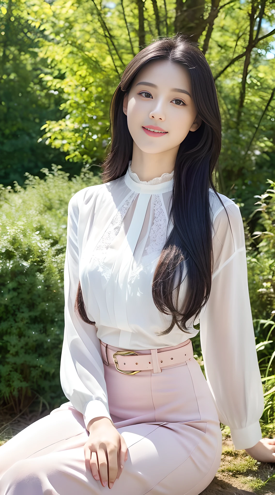 A beautiful and cute girl, full body photo, extremely beautiful and delicate, black hair, sweet smile, delicate beautiful fair skin, realistic and realistic, exquisite and complete facial features, detailed facial portrayal, high nose bridge, flowing smooth hair, extremely delicate hair, soft temperament, face light, tall, thin, real, hyper-real, full-body lens, forward tilt angle, ultimate picture quality, highest precision, accurate and perfect human body structure. Blue sky and white clouds, sitting in the woods, blue sky and white clouds, sunshine, (high-waisted pink and white blouse, long skirt) belt
