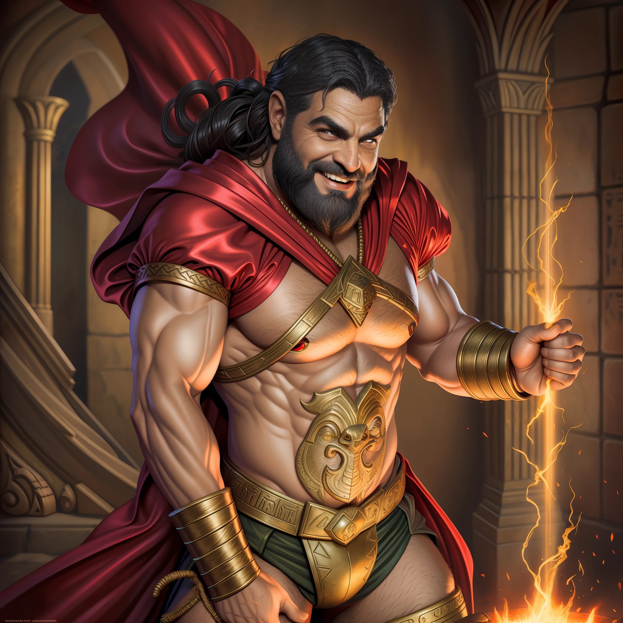 The Egyptian deity Bes, the patron of the family and the hearth, depicted as a grinning ugly bearded dwarf fighting Superman wearing a scarlet red tunic, dramatic lighting, digital art, highly detailed, incredible quality, intricate, trending on Artstation