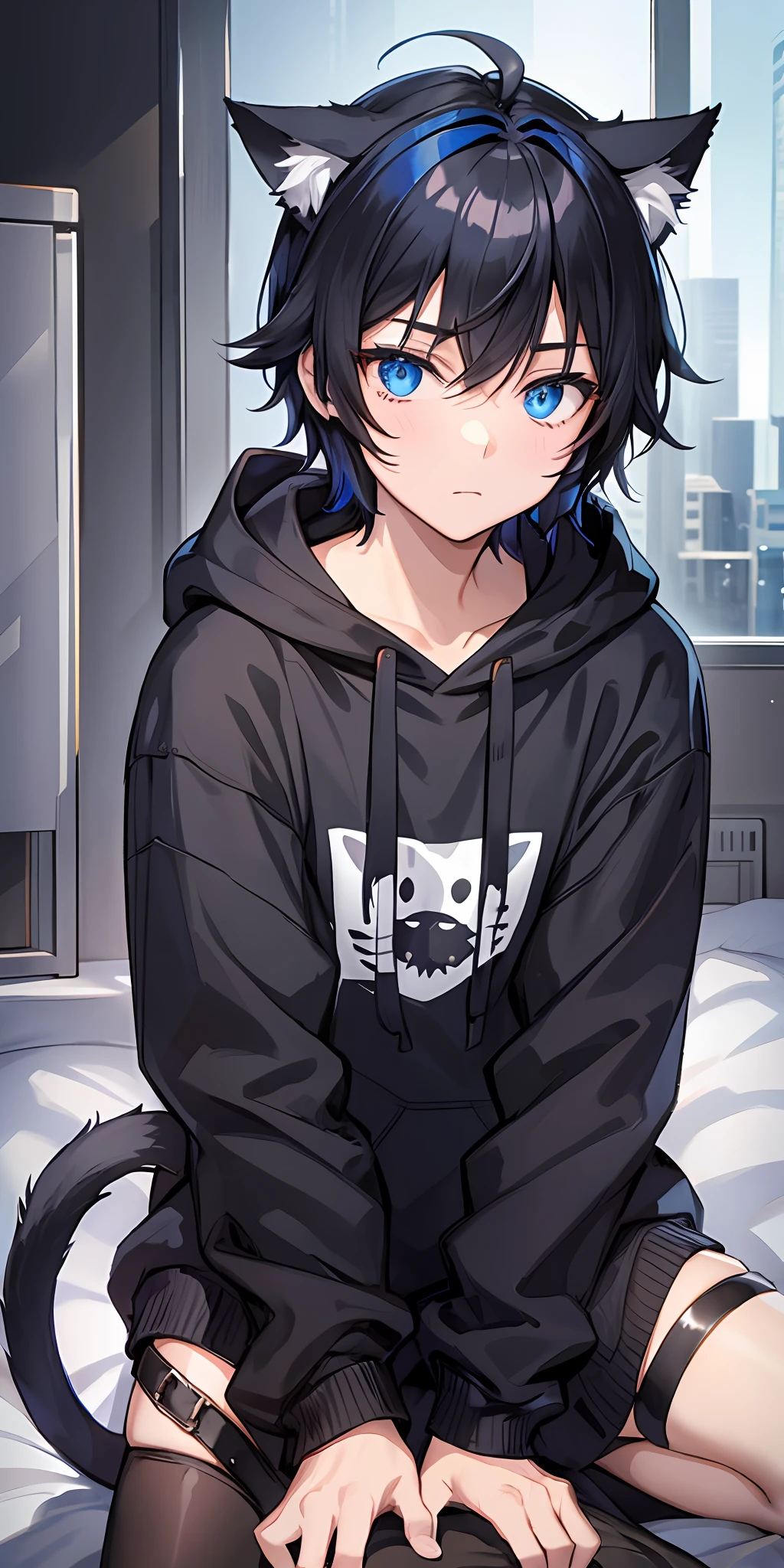 1boy, black hair, blue eyes, cat ears, cat tail, staring at viewer, black hoodie
