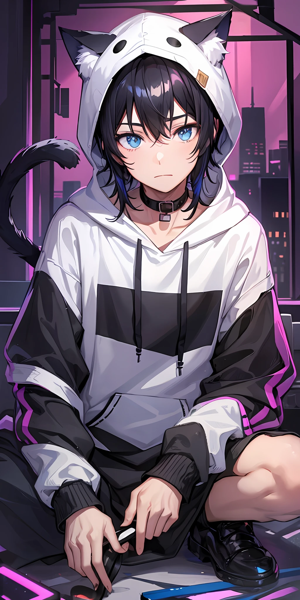 1boy, black hair, blue eyes, cat ears, cat tail, staring at viewer, black hoodie