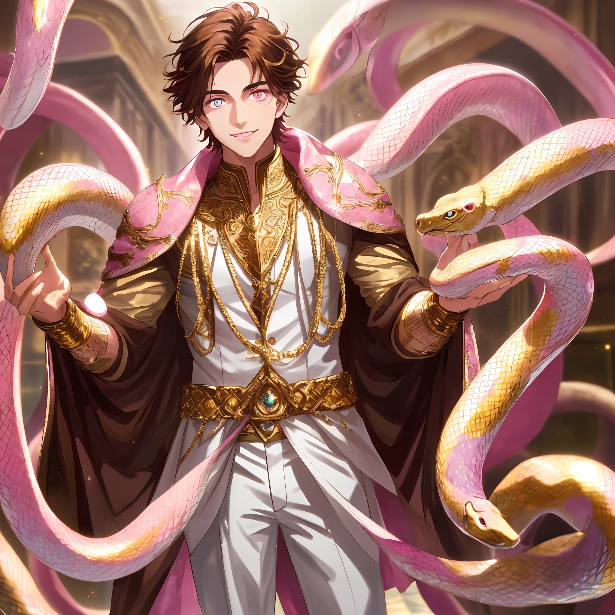 Gorgeous young man with heterochromic eyes, smiling standing with open arms, well-structured male body, gold jewelry on his body, dark brown hair, reflection of pink light,, white scenery background, floor with many ultra-detailed pink snakes