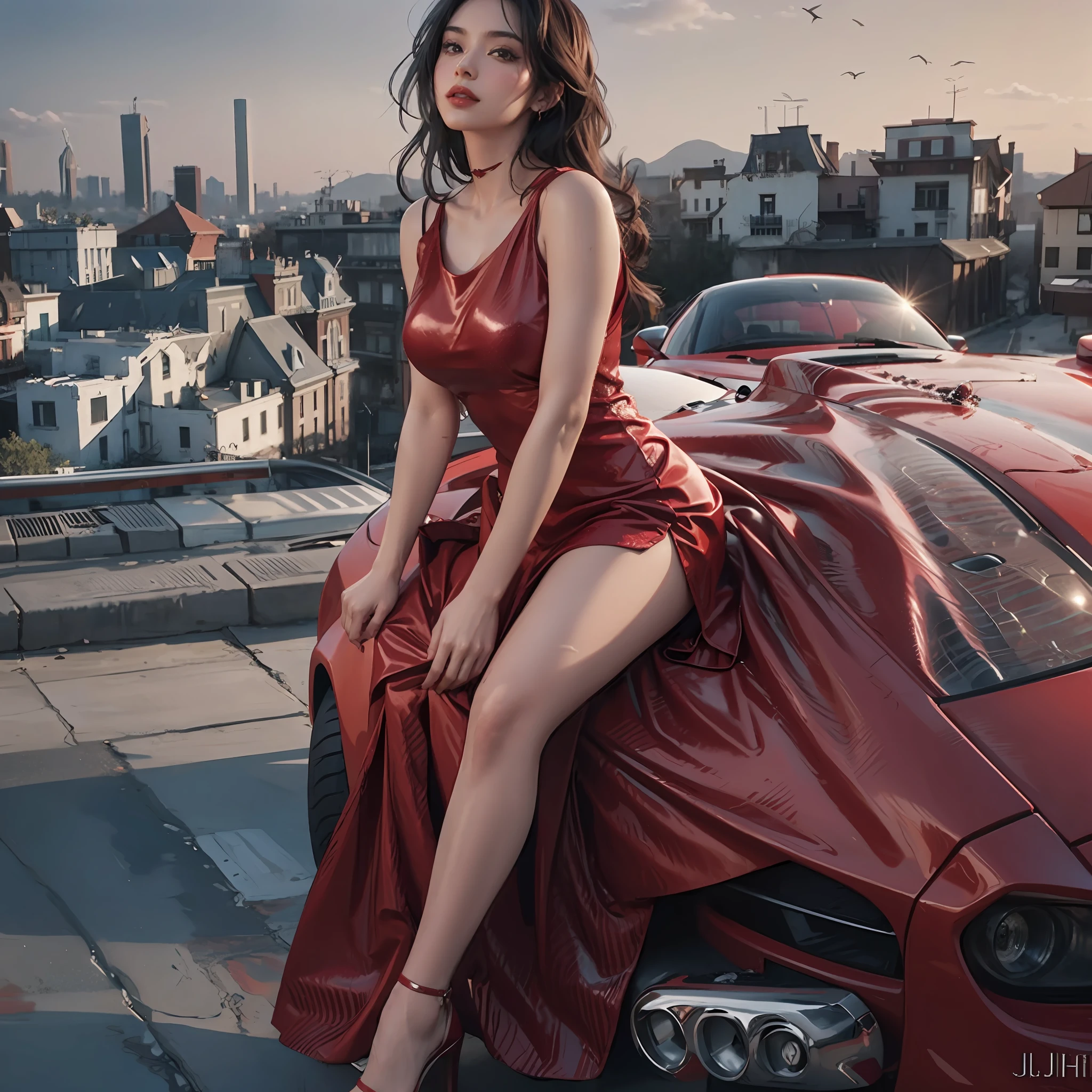 Beautiful and seductive woman sitting on a red ferrari, wearing a red silk dress, beautiful city in the background --auto --s2