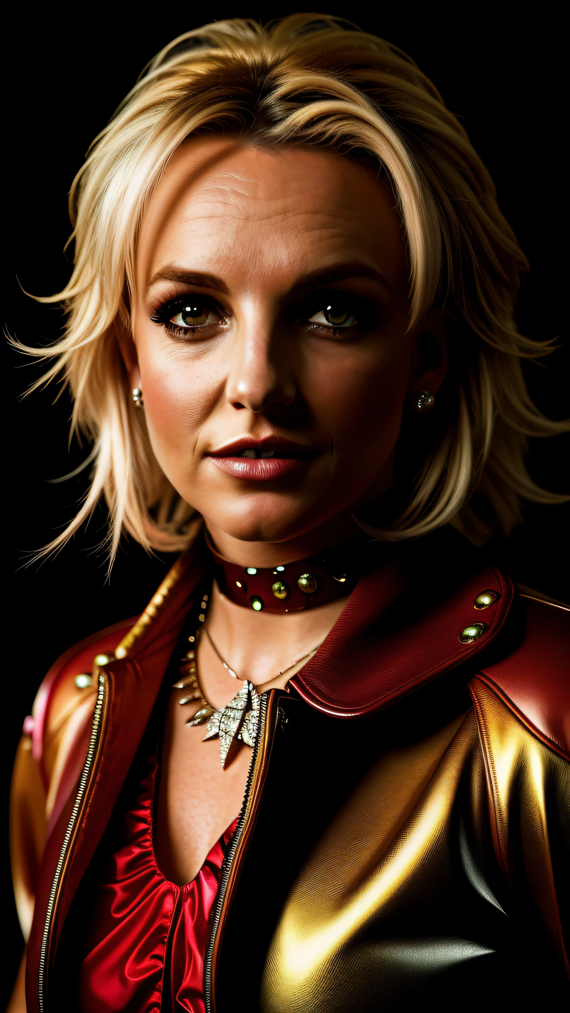 Photo BRITNEY SPEARS , 4K texture, high quality, gorgeous hairstyle, with alerquina outfit, clown, psychopath, short outfit, high boots, shiny top, leather jacket with iron thorns, (BROWN EYES), FULL BODY (masterpiece) (perfect proportion)(realistic photo)(best quality) (detailed) shot on a Canon EOS R5, 50mm lens, F/2.8, HDR, (8k) (wallpaper) (cinematic lighting) (dramatic lighting) (sharp focus) (intricate)