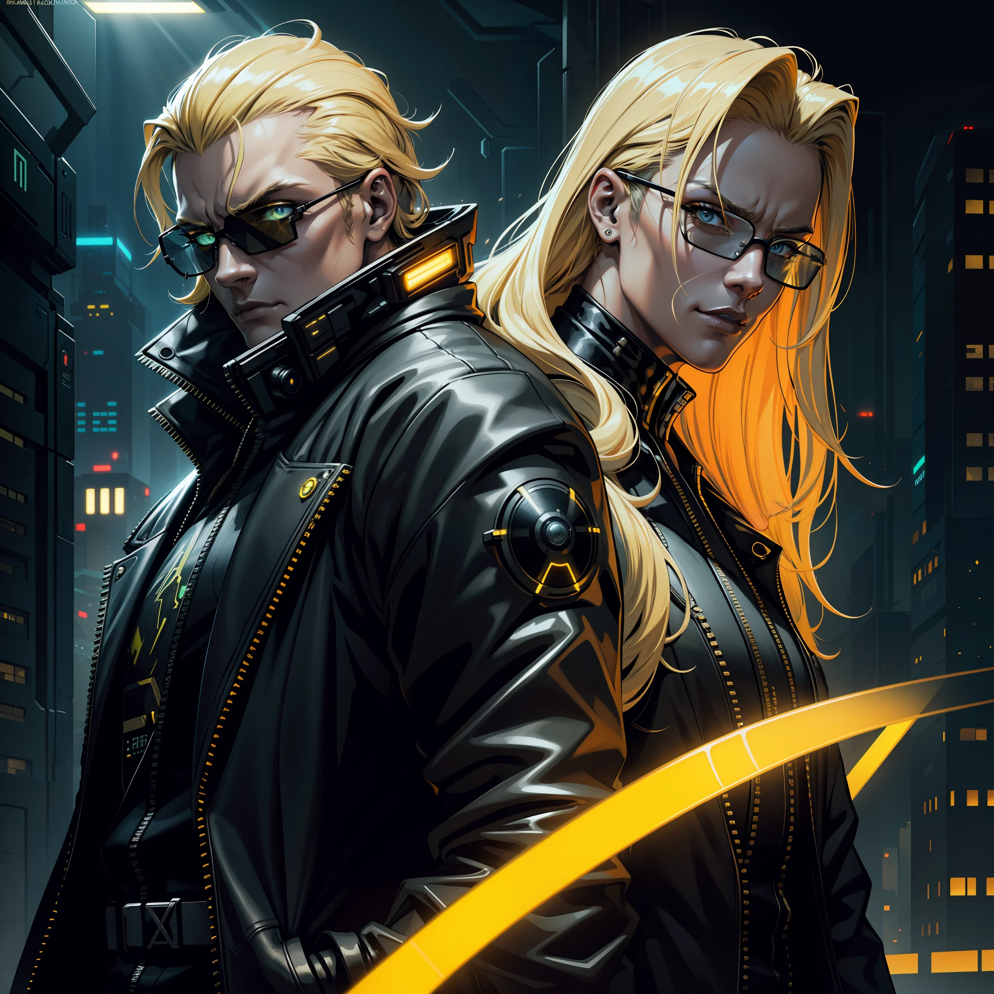 "(cyberpunk rich man:1) (1man) dark theme :: focus on closeup face, comic face, ultra realistic futuristic cyberpunk scientist man, black cyberpunk lab coat, yellow futuristic glasses, looking at viewer :: long blonde hair with electric rays :: cool cybernetic coat :: natural lighting :: bokeh :: 8k :: best quality :: masterpiece :: insanely detailed:1.5"