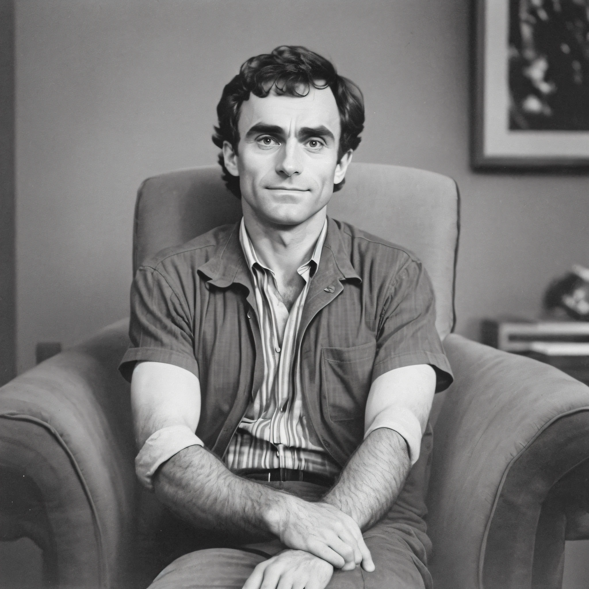 A professional photograph of Ted Bundy sitting in an armchair. looking directly at the camera, with an intense and penetrating gaze, capturing its magnetic presence, Photography, 85mm portrait lens, --air 16:9 --v 5 --auto --s2