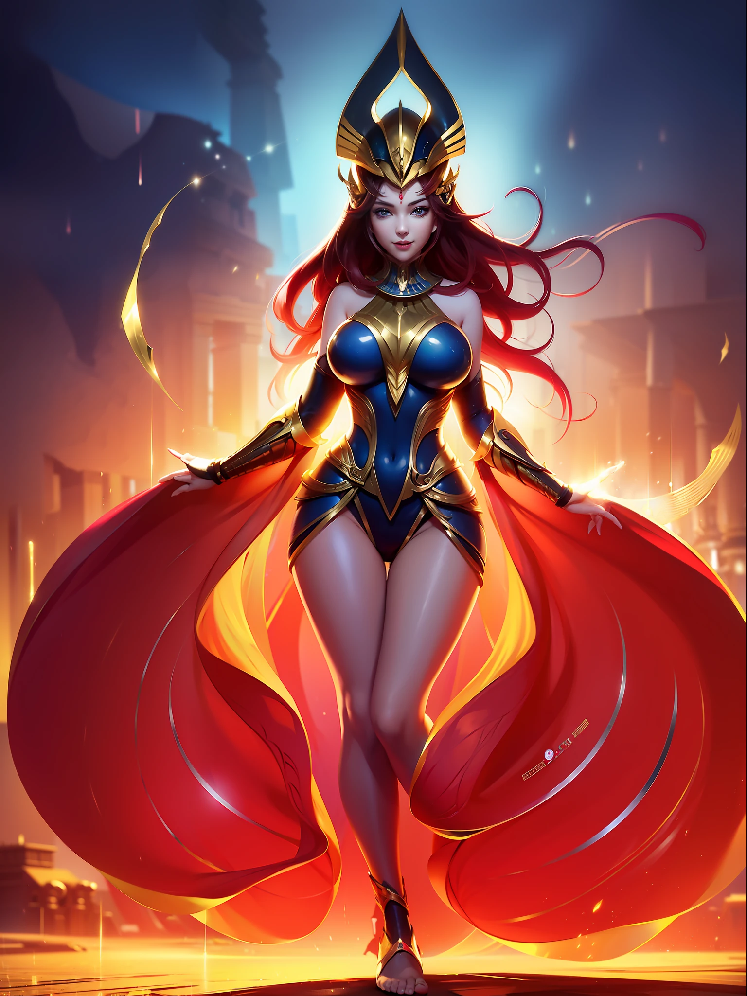 ((Full body photo,standing, feet on the ground)), Saria has large breasts, helmet on her head, black color with golden parts/futuristic Egyptian costume, Egyptian necklace on her neck, extremely tight on her body, (in an ancient city raining hard and thundering), she has (short red hair, blue eyes), is with her hands closed, landing for the viewer,  extremely exhibitionist, is looking at the viewer, manic smile, face with red cheek, (hair, body and clothing all wet, moistened and transparent clothing, light makeup on the face, Futurism, 16k, UHD, retina, masterpiece, ccurate, anatomically correct, best quality, high quality, textured skin