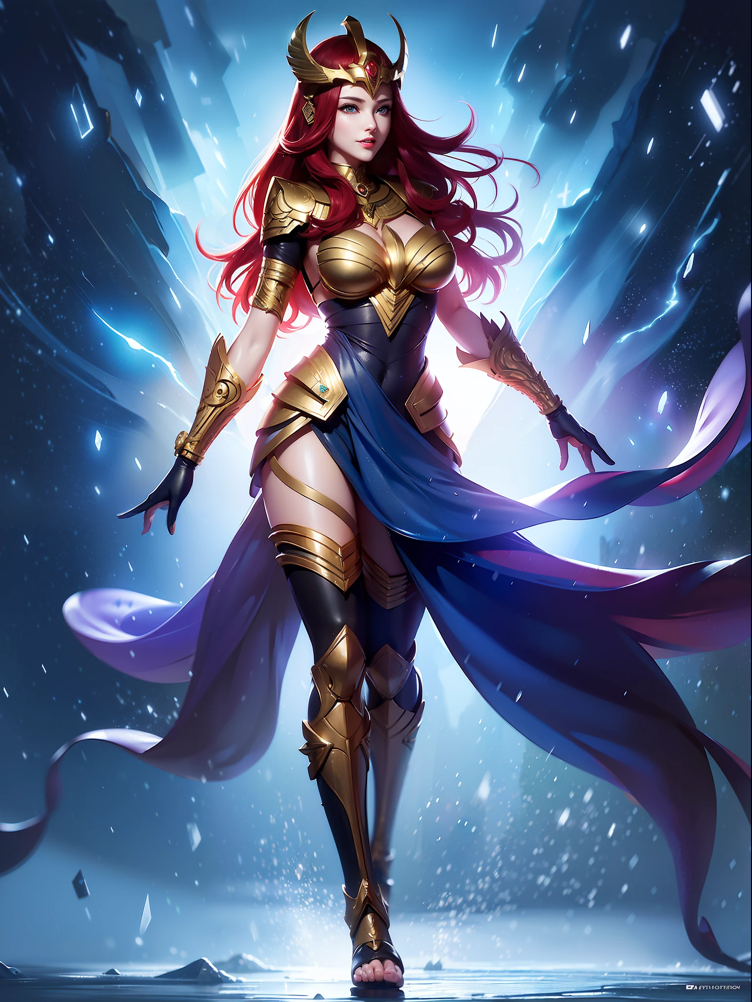 ((Full body photo,standing, feet on the ground)), Saria has large breasts, helmet on her head, black color with golden parts/futuristic Egyptian costume, Egyptian necklace on her neck, extremely tight on her body, (in an ancient city raining hard and thundering), she has (short red hair, blue eyes), is with her hands closed, landing for the viewer,  extremely exhibitionist, is looking at the viewer, manic smile, face with red cheek, (hair, body and clothing all wet, moistened and transparent clothing, light makeup on the face, Futurism, 16k, UHD, retina, masterpiece, ccurate, anatomically correct, best quality, high quality, textured skin