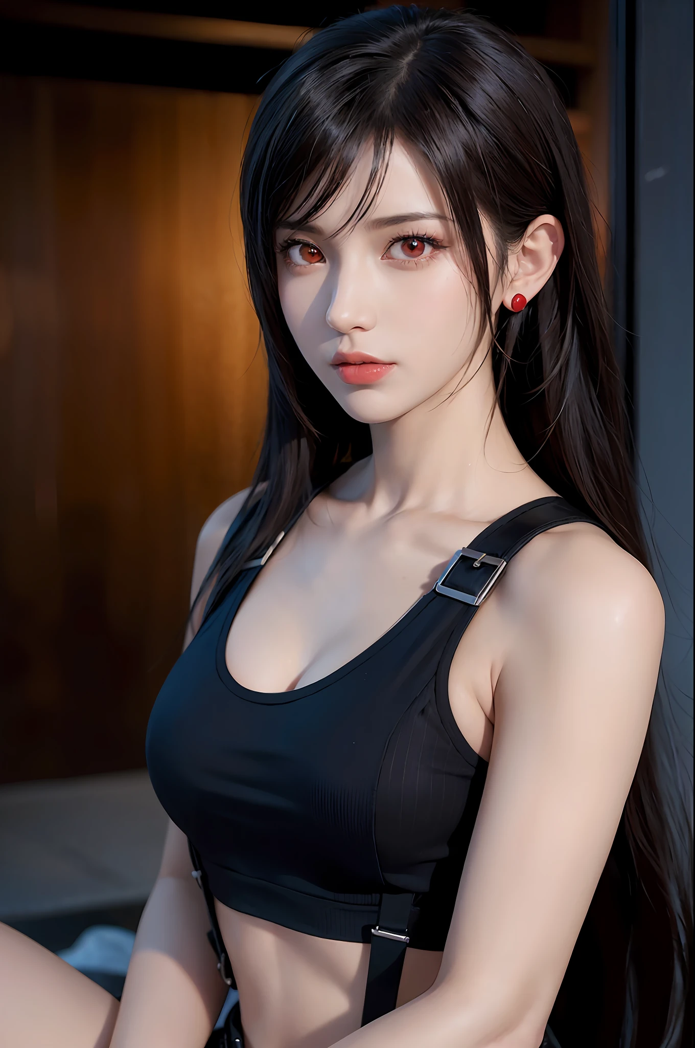 ff7r style,1girl, (TIFA:1.2),solo, long hair, earrings, jewelry red eyes,no puffy eyes,black hair, looking at viewer, realistic,parted lips, tank top, swept bangs, lips, portrait, suspenders, bare shoulders, red eyes,,bangs, ((masterpiece)),