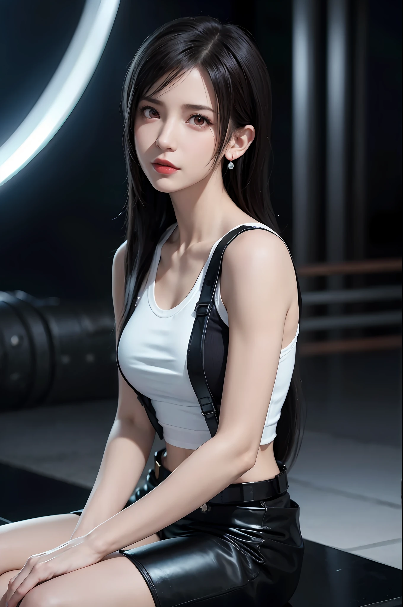 ff7r style,1girl, (TIFA:1.2),solo, long hair, earrings, jewelry red eyes,no puffy eyes,black hair, looking at viewer, realistic,parted lips, tank top, swept bangs, lips, portrait, suspenders, bare shoulders, red eyes,,bangs, ((masterpiece)),