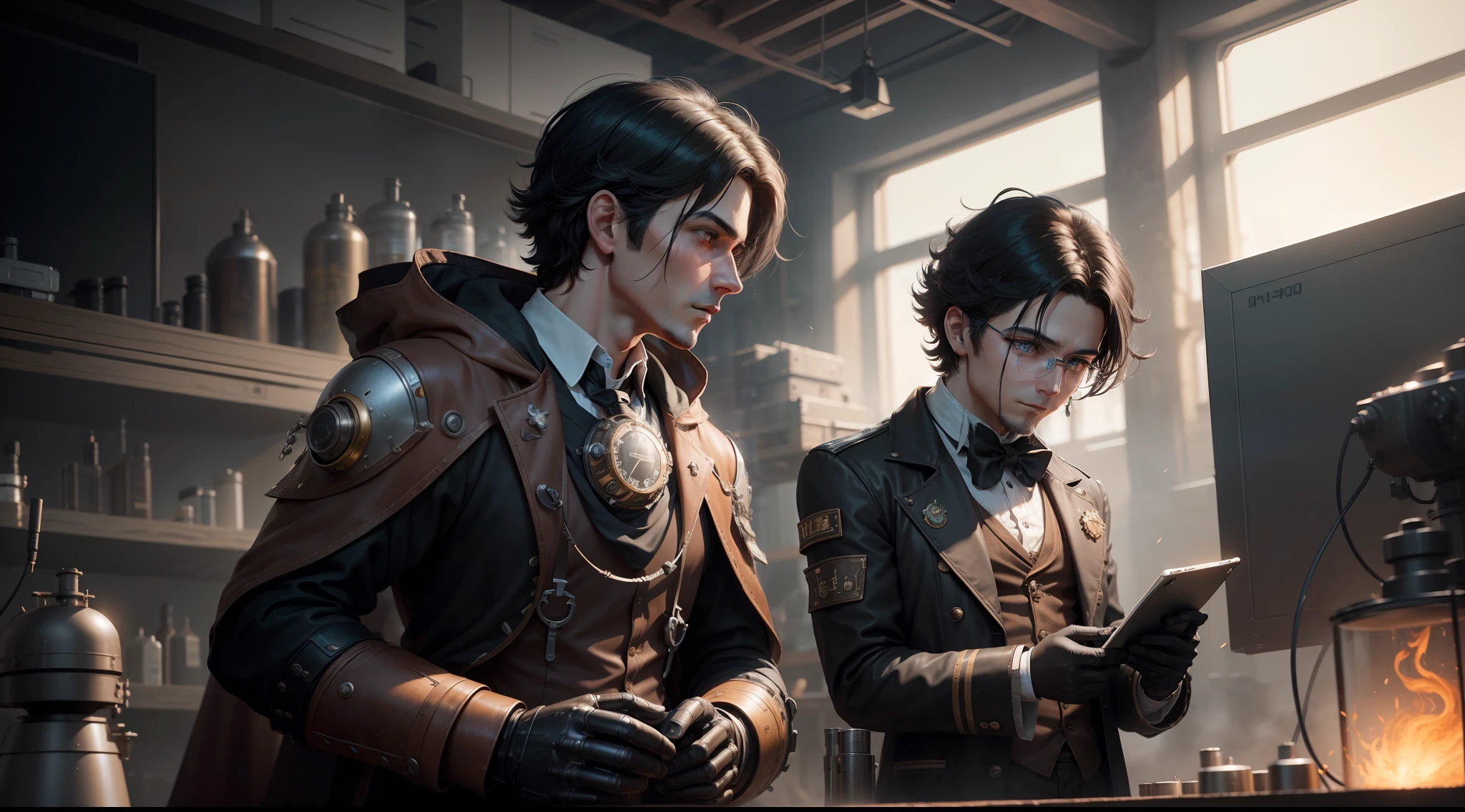 /imagine prompt: illustration of In the laboratory, a black haired doctor is creating a robot ,Black haired middle-aged man::15, Manufacturing robots::18, doctor::12, A half body robot::15, rule of thirds composition::5, profle::12, Unreal Engine::14, Cinematic light::10, Volumetric light::10, Dramatic::8, Fantasy::7, hyper quality::8, Steampunk Factory::13, Steampunk::15 --seed 4294967295 --s 400 --q 2 --c 40