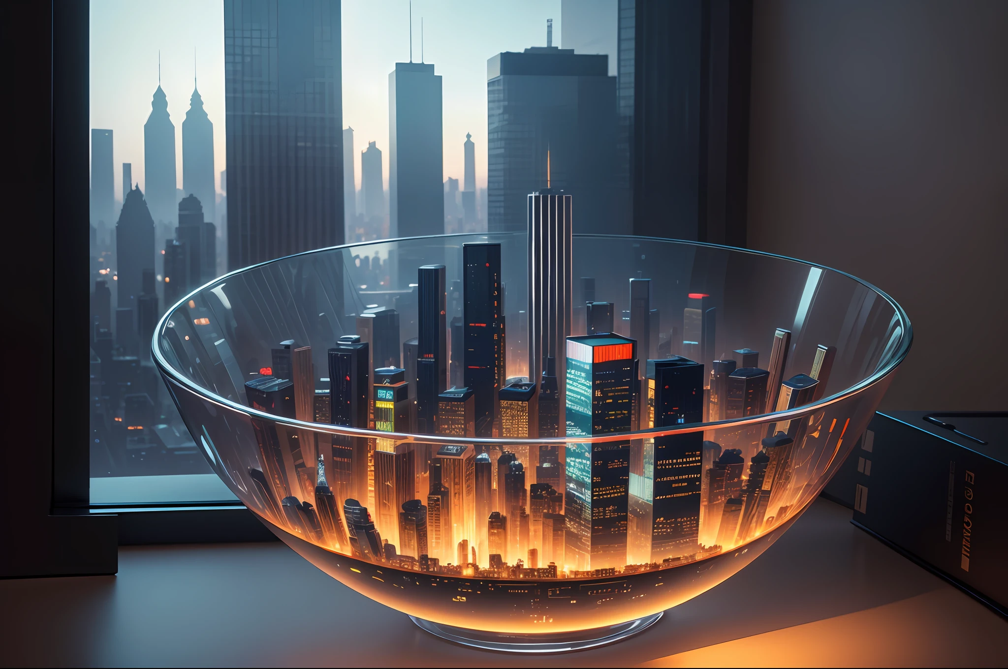 mini\(ttp\), (8k, RAW photo, best quality, masterpiece:1.2), cyberpunk city, isometric, miniature, landscape, glass bowl, new york