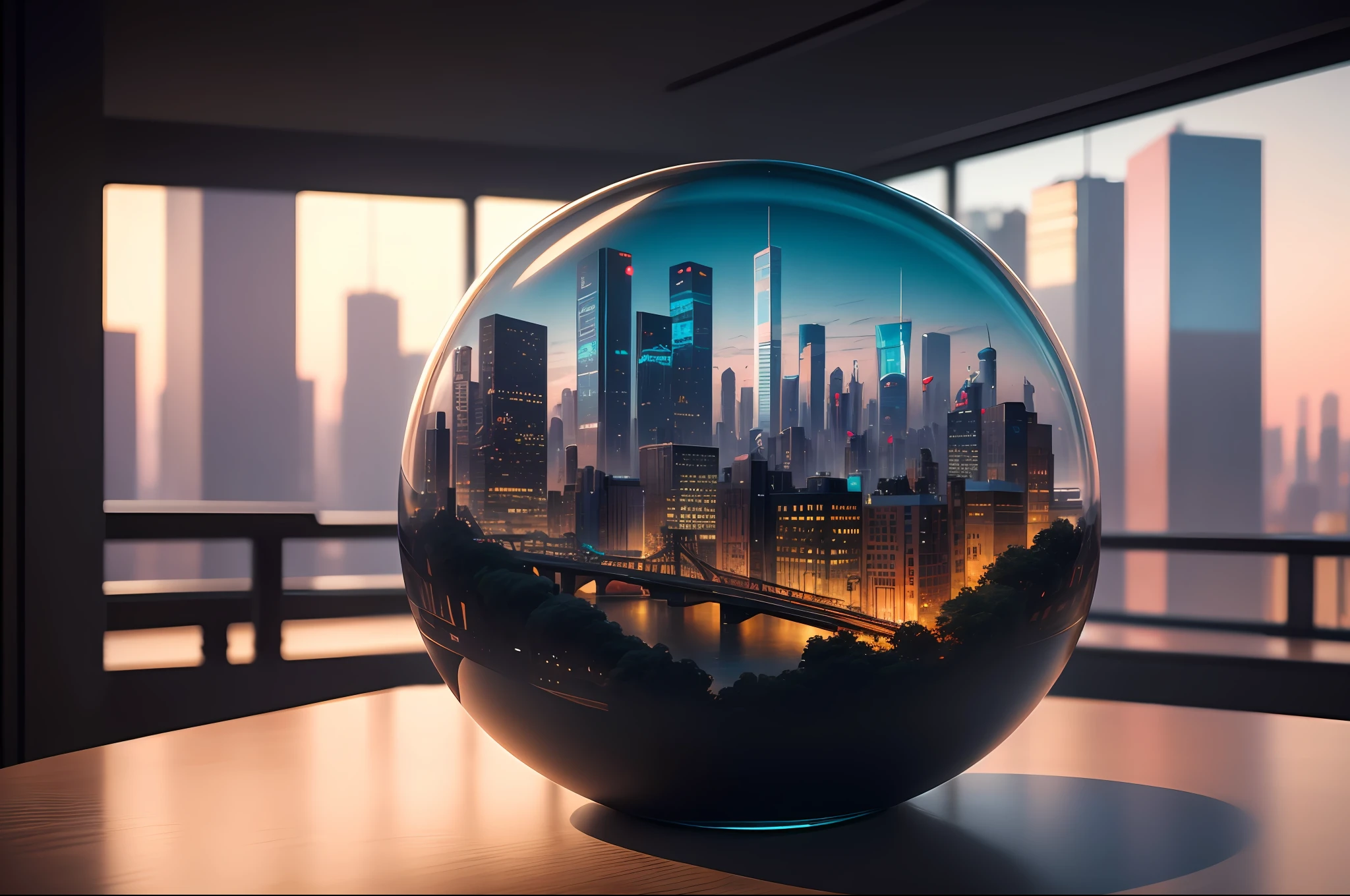 mini\(ttp\), (8k, RAW photo, best quality, masterpiece:1.2), cyberpunk city, isometric, miniature, landscape, glass bowl, new york