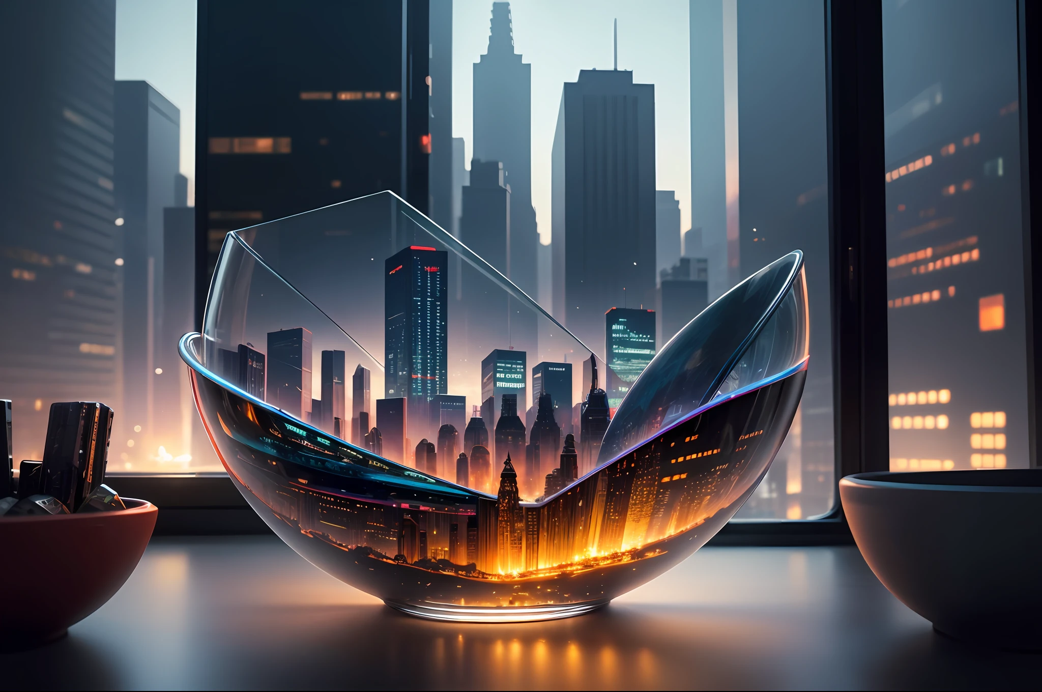 mini\(ttp\), (8k, RAW photo, best quality, masterpiece:1.2), cyberpunk city, isometric, miniature, landscape, glass bowl, new york