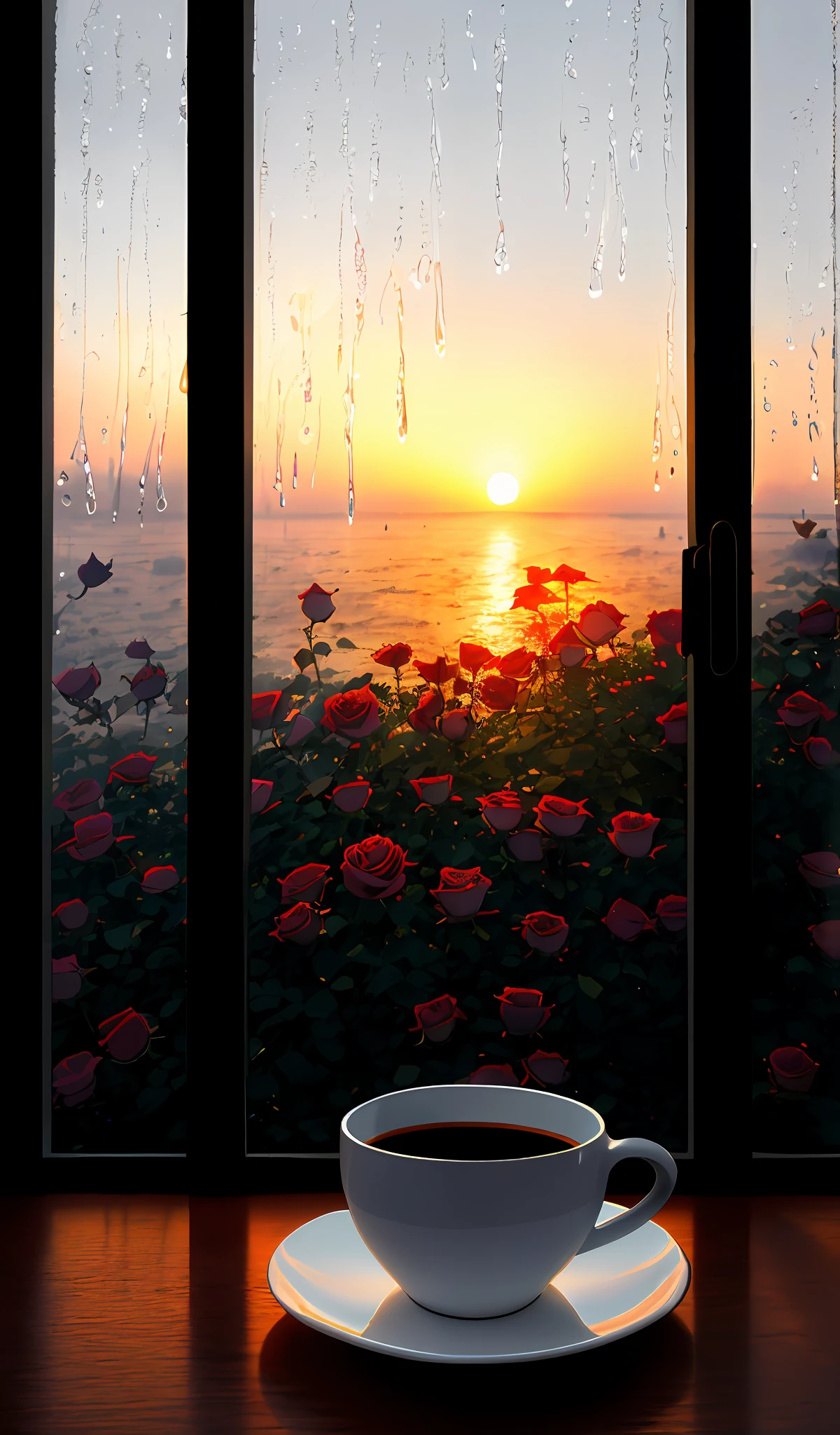 Create a relaxing image, from a window with the sunset, small droplets of water on the fog glass, small roses outside blurred in the background, in the window a cup of black porcelain coffee and a brown guitar, ultra realistic, 8K, photo taken by a professional photography camera, incredible textures of realistic