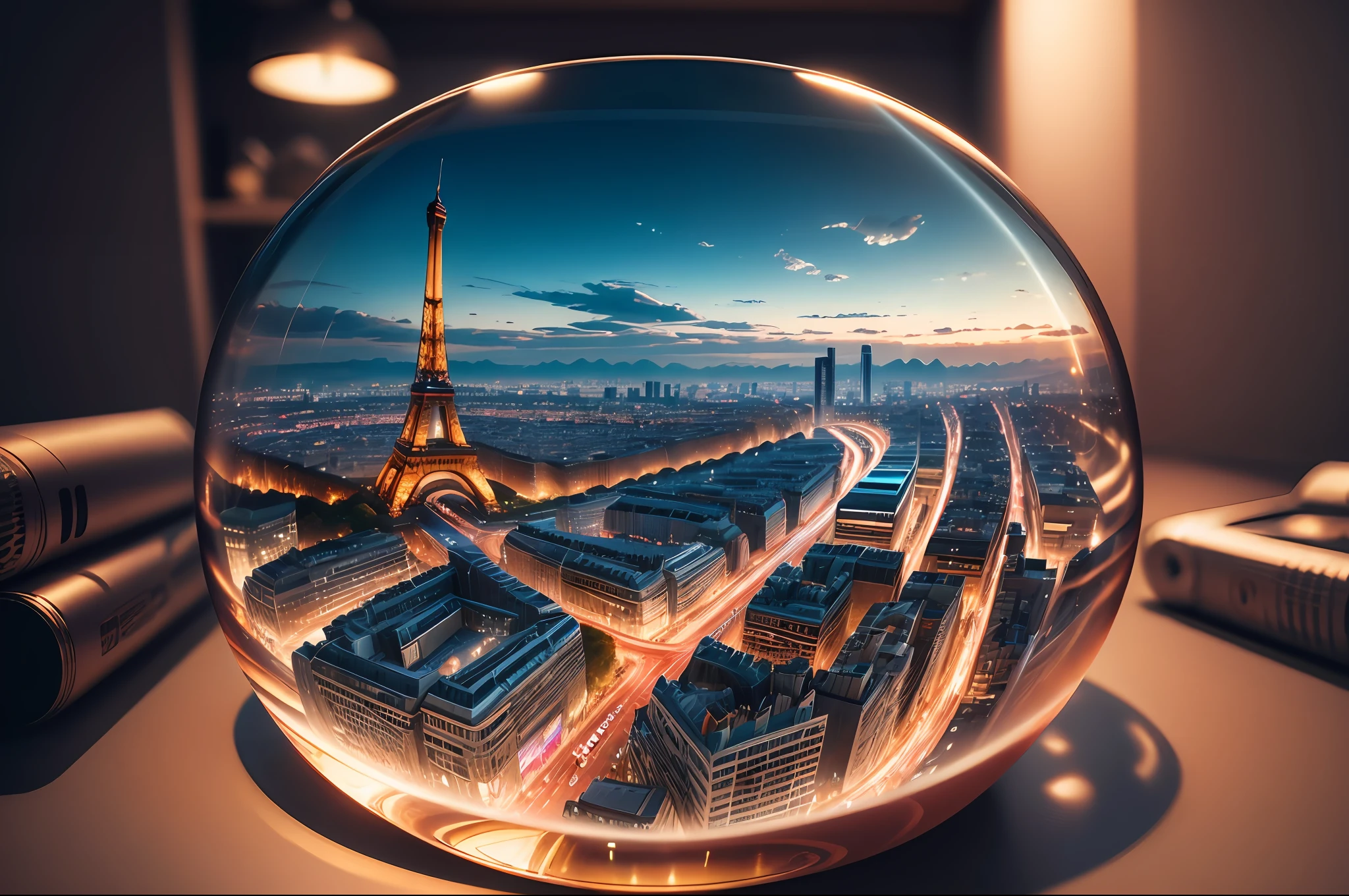 mini\(ttp\), (8k, RAW photo, best quality, masterpiece:1.2), cyberpunk city, isometric, miniature, landscape, glass bowl, Paris, Eifel tower