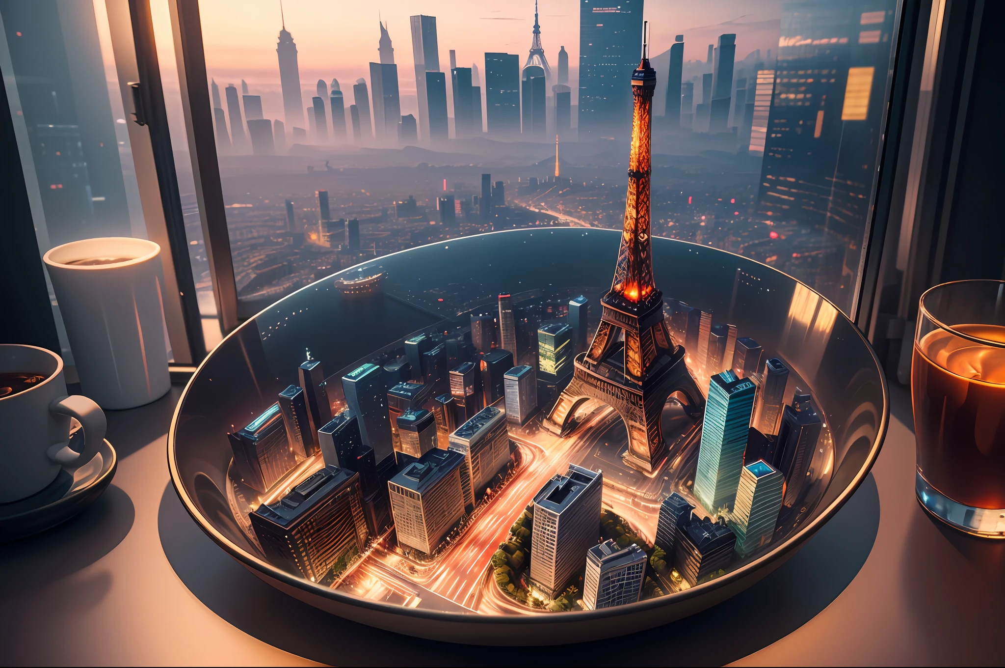 mini\(ttp\), (8k, RAW photo, best quality, masterpiece:1.2), cyberpunk city, isometric, miniature, landscape, glass bowl, Paris, Eifel tower