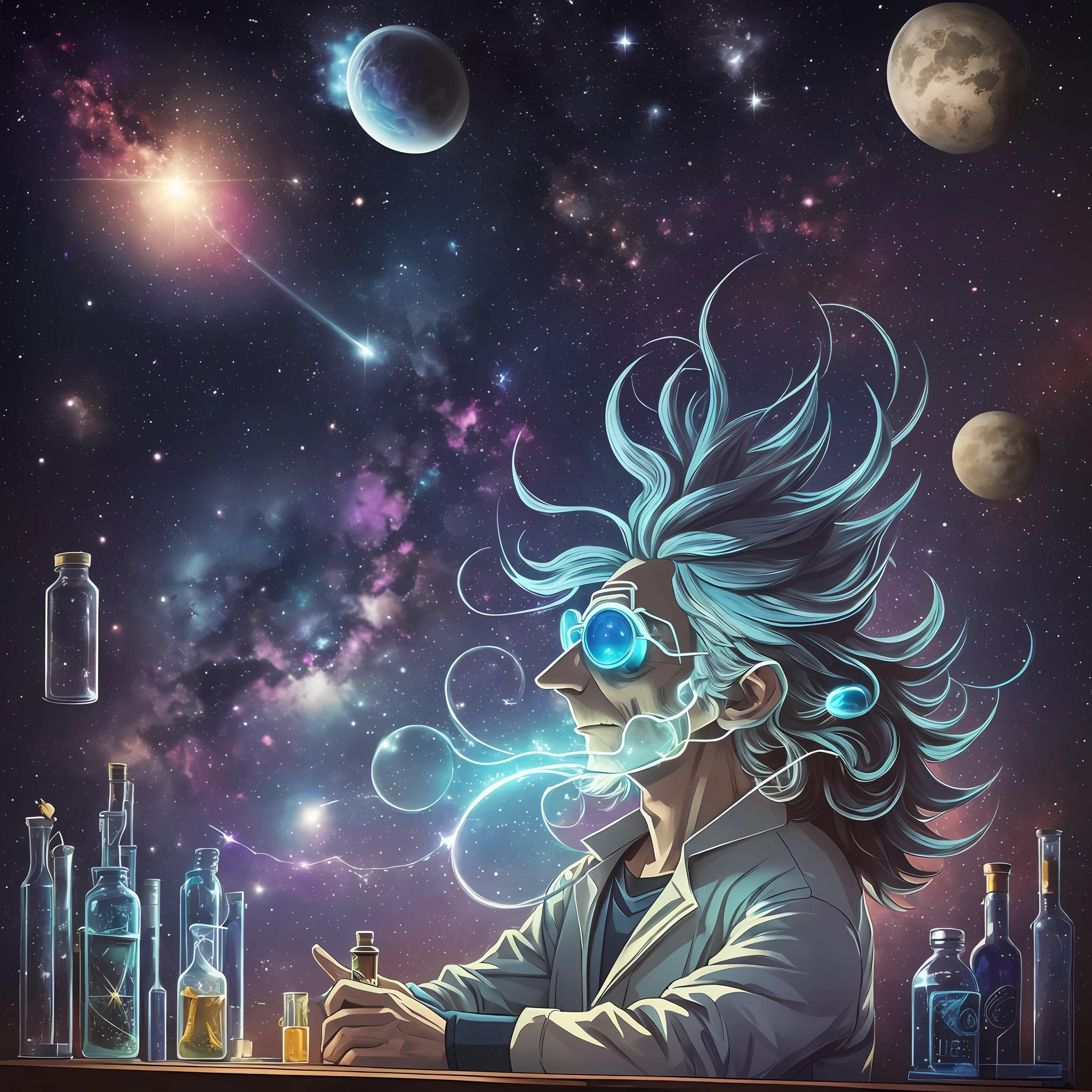 The print has a dark background, in a shade of deep navy blue, which represents outer space. At the center of the print is the character Rick Sanchez, a brilliant, somewhat eccentric and cynical scientist. Rick is in his classic laid-back posture, with a bottle of liquor in one hand and an interdimensional portal open behind him.
Rick is portrayed with his characteristic appearance: shaggy, spiky hair, furrowed brows, and a shrewd, defiant look. He's wearing his white scientist lab coat, which is a bit dirty and worn, displaying a carefree personality towards appearance.
Rick's facial expression is a mixture of sarcasm and genius, capturing his dismissive attitude and sharp intelligence. His blue eyes glow with an intense glow, reflecting his infinite curiosity and his ever-active mind.
Around Rick, there are a few elements that represent the series' frequent concepts and themes. For example, we see some jars of colored substances on a table next to him, which symbolize his scientific experiments and his incessant search for knowledge.
In the lower right corner of the print, there is the "Rick and Morty" logo in a stylized font, with letters that seem to have been drawn with fluid and vibrant strokes, evoking a sense of energy and adventure.
Around the character and the main elements, there are small details in the form of stars and galaxies, which fill the empty space and add a touch of cosmic mystery to the print.
This print captures the striking personality of Rick Sanchez and brings iconic elements of the series "Rick and Morty", providing an authentic representation of the character in an artistic and vibrant style. It's perfect for fans of animation who want to display their admiration for this interdimensionally famous scientist. --auto --s2