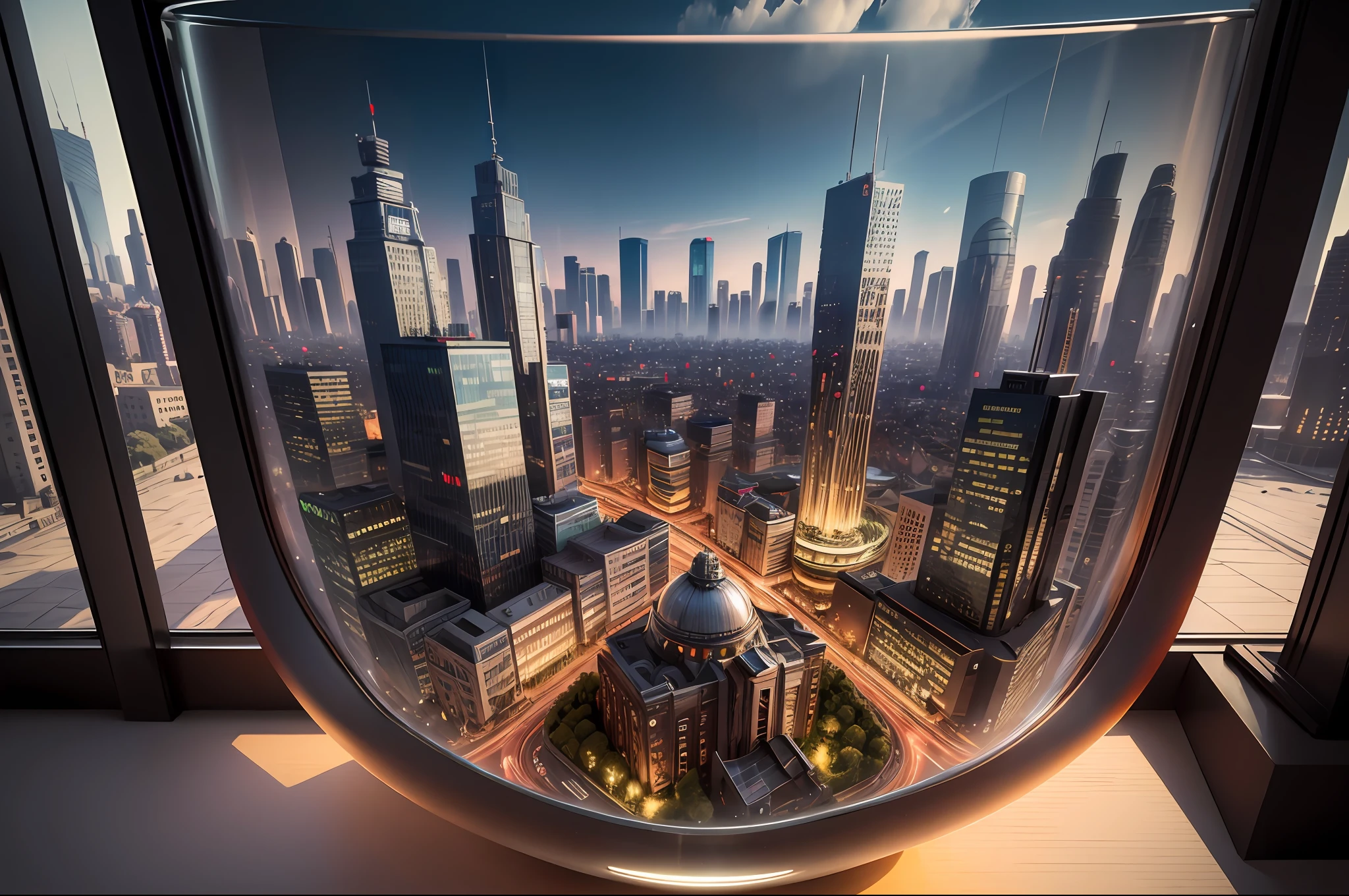 mini\(ttp\), (8k, RAW photo, best quality, masterpiece:1.2), cyberpunk city, isometric, miniature, landscape, glass bowl, Brussels, atomium