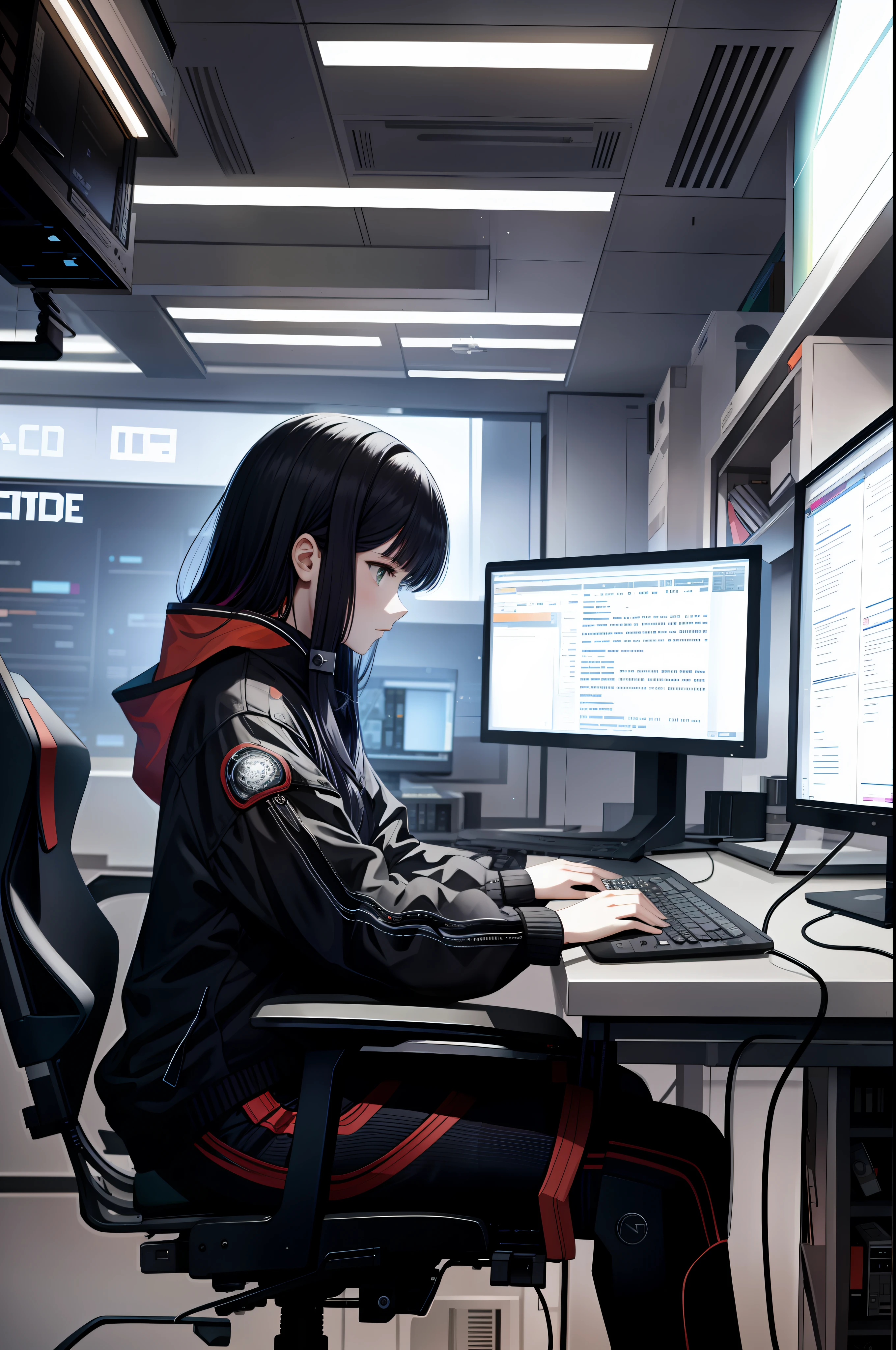 a programmer, cyberpunk style. Talented and determined girl programmer, technological environment. Sitting at her desk, she immerses herself in the world of programming.