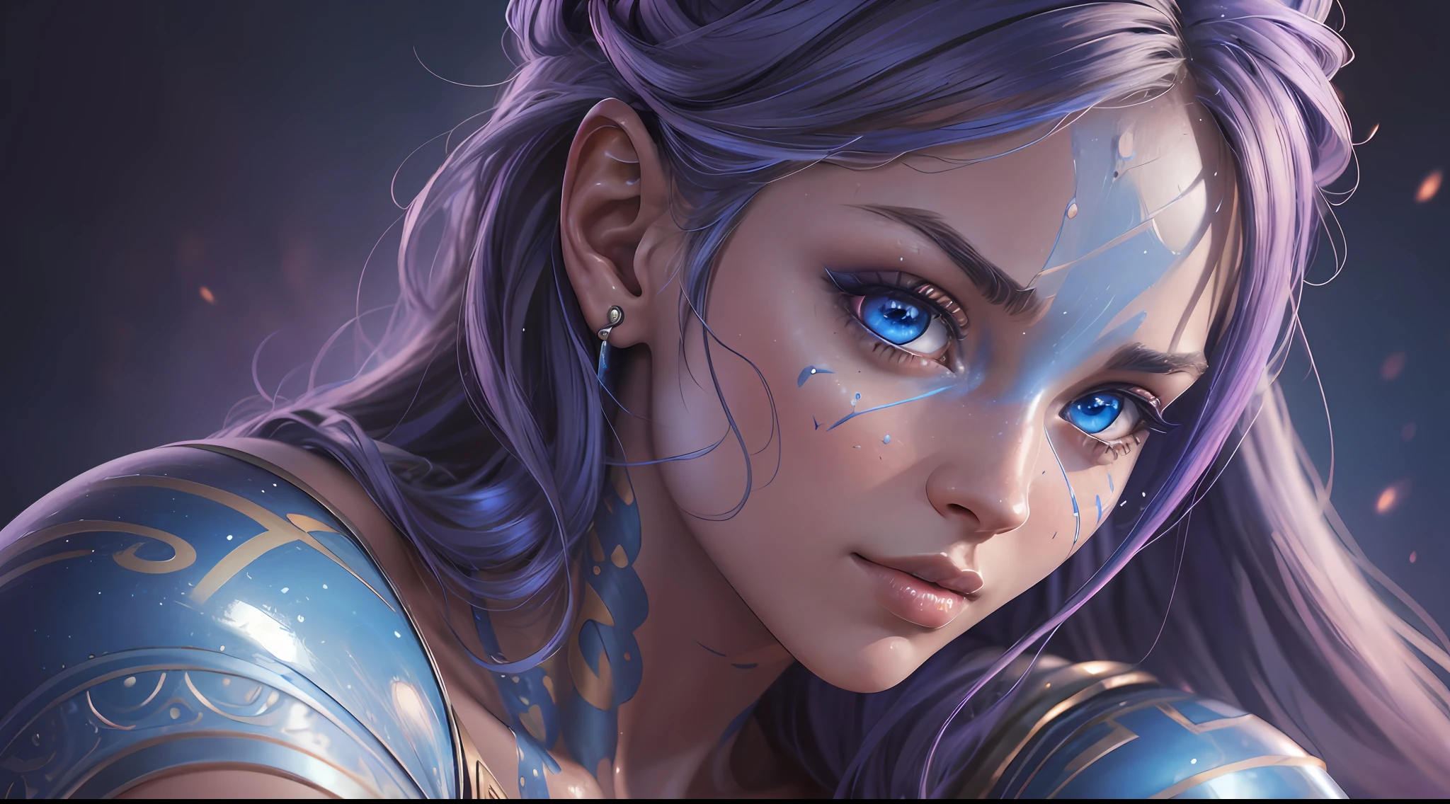 (hyperrealistic), (illustration), (high resolution), (8K), (extremely detailed), (16.9), (best illustration), (beautiful detailed eyes), (best quality), (super detailed), (masterpiece), (wallpaper), (detailed face) colorful background, clean background, depth of field, sexy blue-skinned alien female flexing, warrior full body, nude, close-up shot, posing sideways