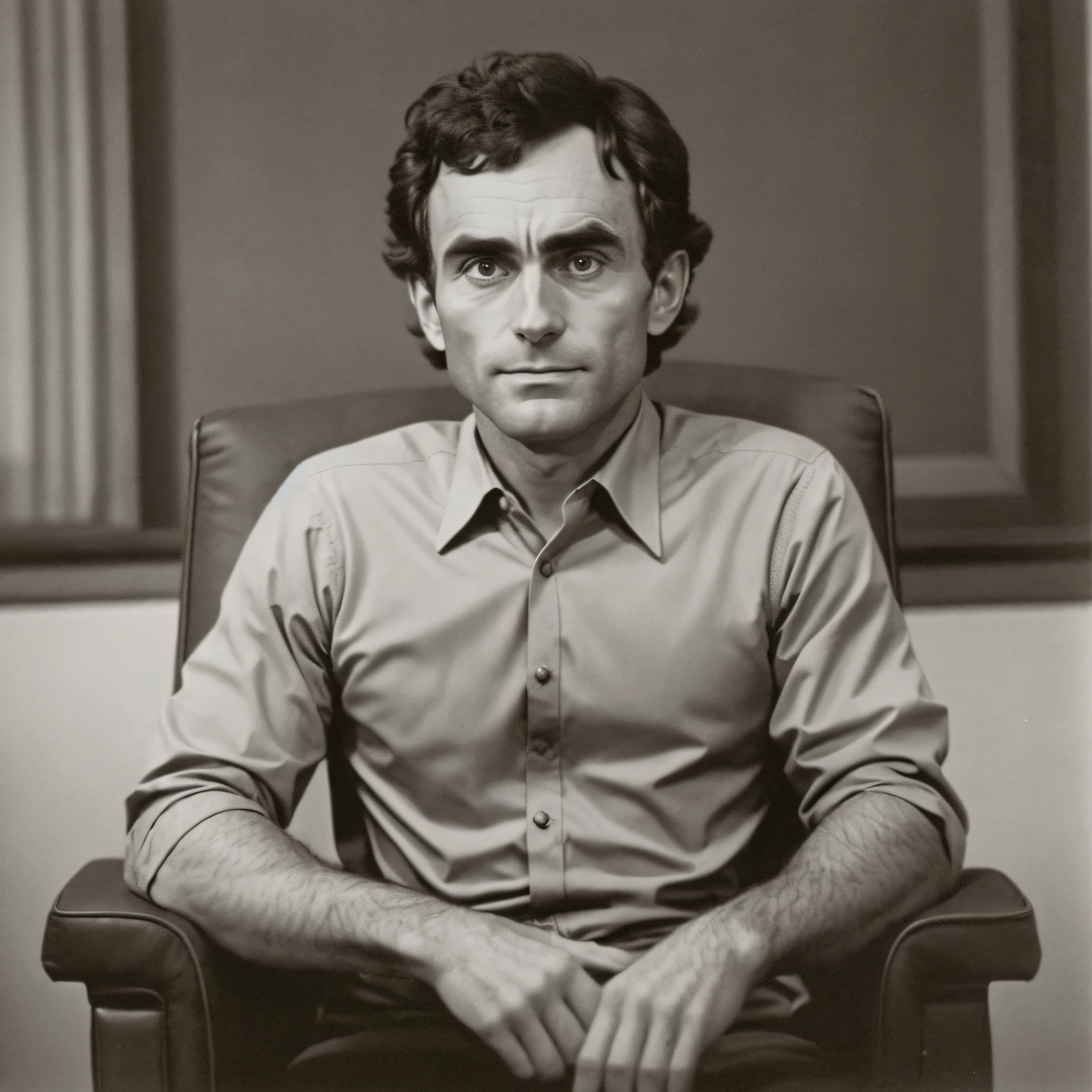 A professional photograph of Ted Bundy sitting in an armchair. looking directly at the camera, with an intense and penetrating gaze, capturing its magnetic presence, Photography, 85mm portrait lens, --air 16:9 --v 5 --auto --s2