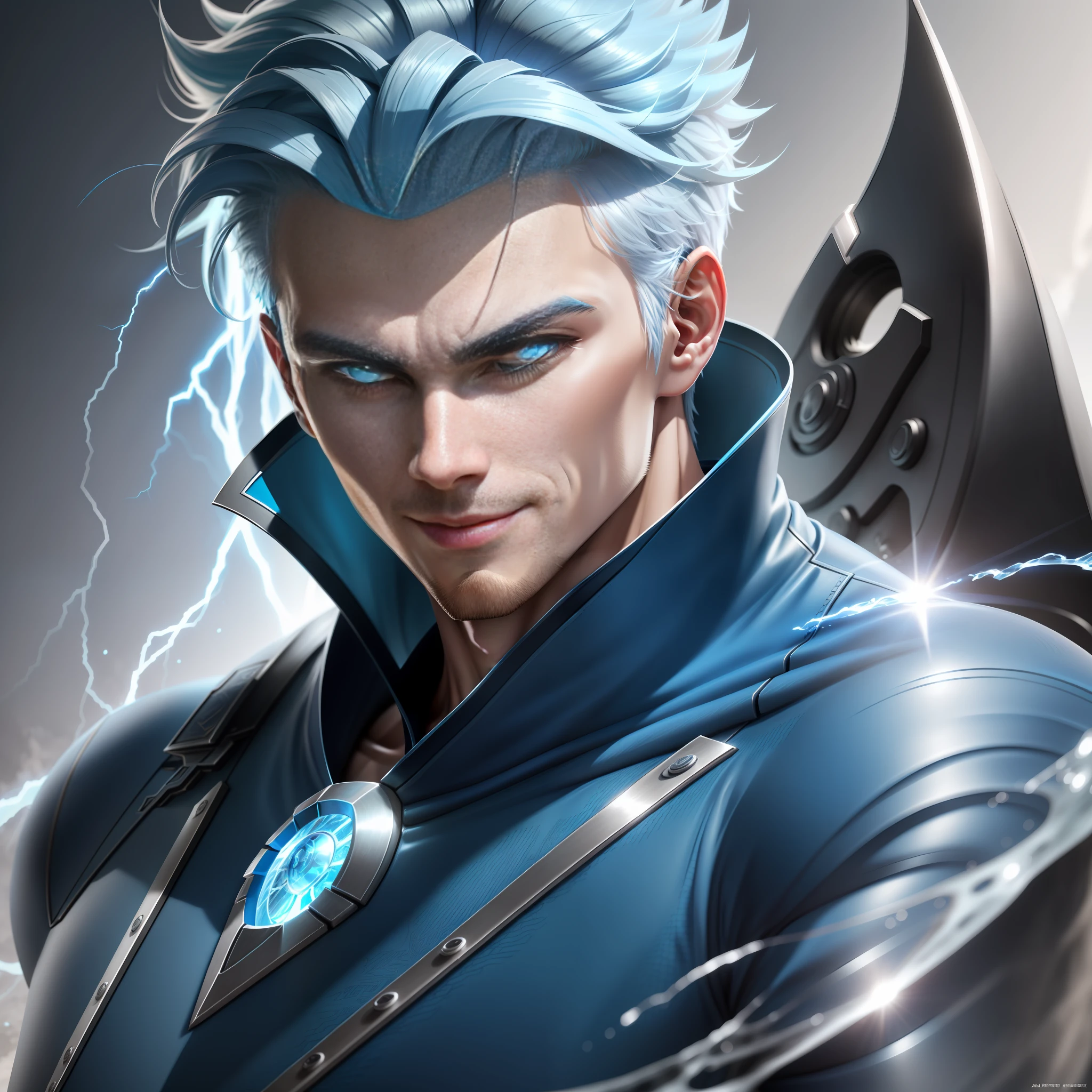 Male character with super power to control water, blue hair, blue eyes, 8k white skin, high definition, detailed face, detailed face, detailed eyes, hyper-realistic, + cinematic plan + dynamic composition, incredibly detailed, sharpness, details , smiling + day with sun + perfectionism + award-winning realism ((ambient lighting)) + modern clothing