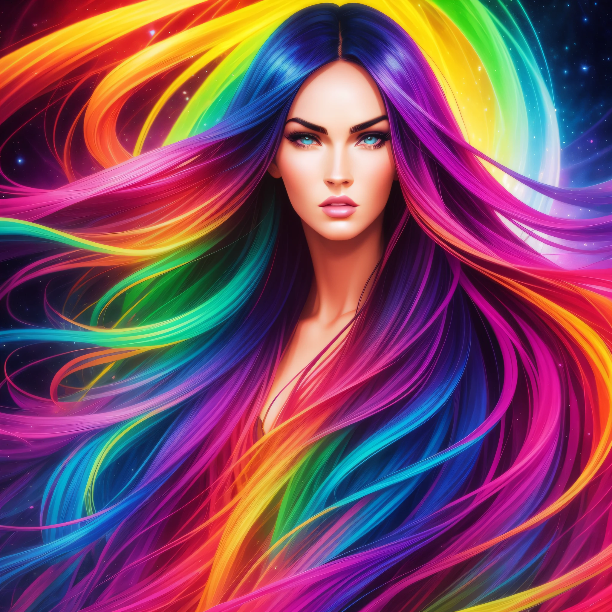 a woman with long hair and a colorful background, colorful aura, megan fox colorful portrait, colorfull digital fantasy art, colorful hd picure, glowing rainbow face, colorful dream, magic world. colorful, digital art picture, beautiful art uhd 4 k, cosmic and colorful, background artwork, beautiful fantasy portrait, colorful digital art, photoshop art, colorful photo