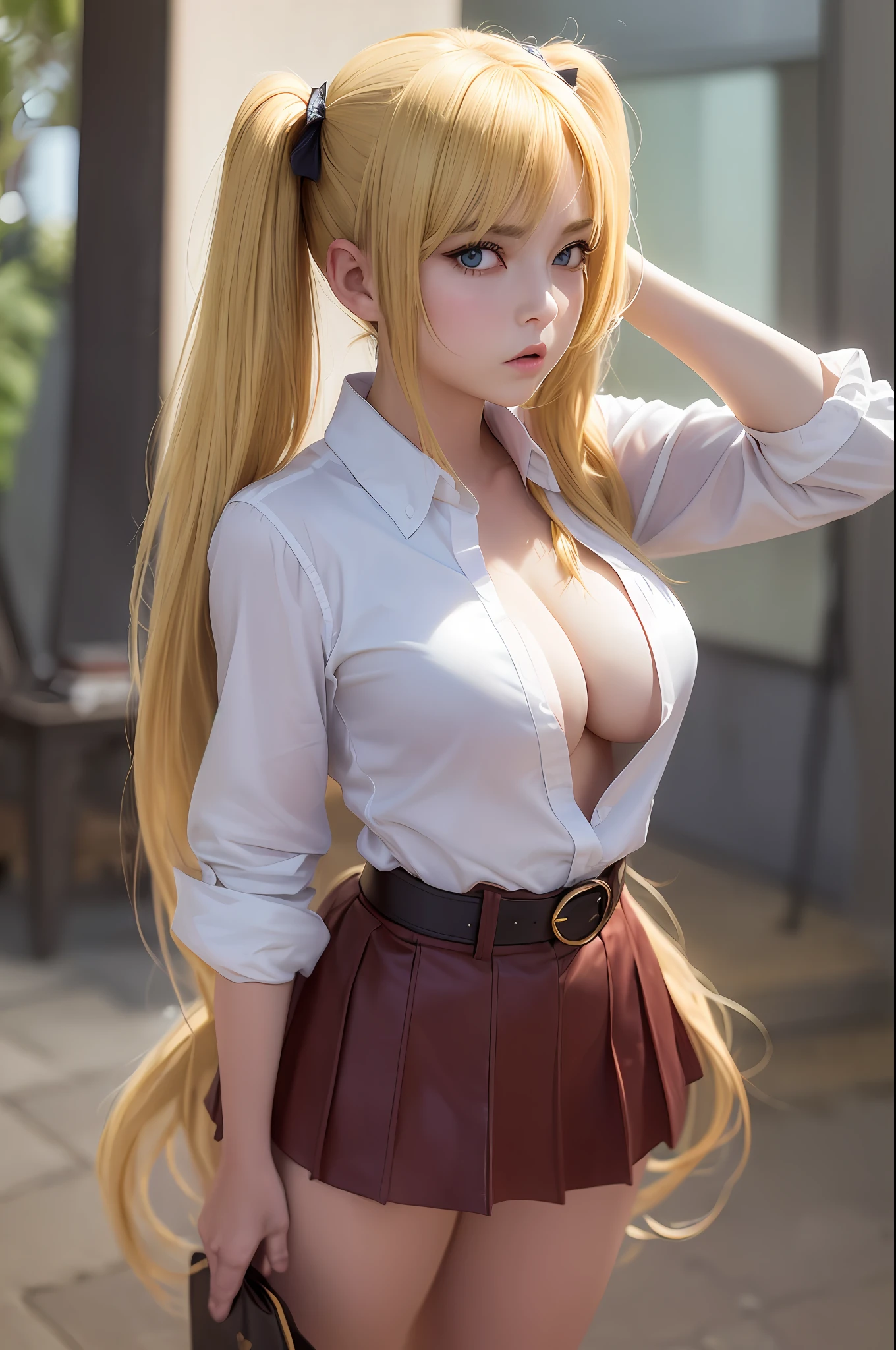 masterpiece, best quality, super detailed, beautiful detailed face, intricate details, flat color, depth of field, outline, overall view, camera far away, girl, standing far, ager, anime, standing, standing upright, full-length, visible at full height, wide stance, (legs wide apart: 1.4), hands at the waist, (hands on the belt: 1.3), elbows to the sides, (fighting stance: 1.2), looks at the viewer, (village:1), nature, (blonde:1.6), (twintails:1.5), red pleated miniskirt, red skirt, white shirt, white shirt, unbuttoned top buttons, unbuttoned shirt, white blouse, (without bra:1.1), plunging neckline, black tights, detailed skin texture, detailed fabric texture, huge breasts, (blue eyes:1,1), (ruddy:1), (dissatisfied:1.5), angry, furious, (frowned:1.5)