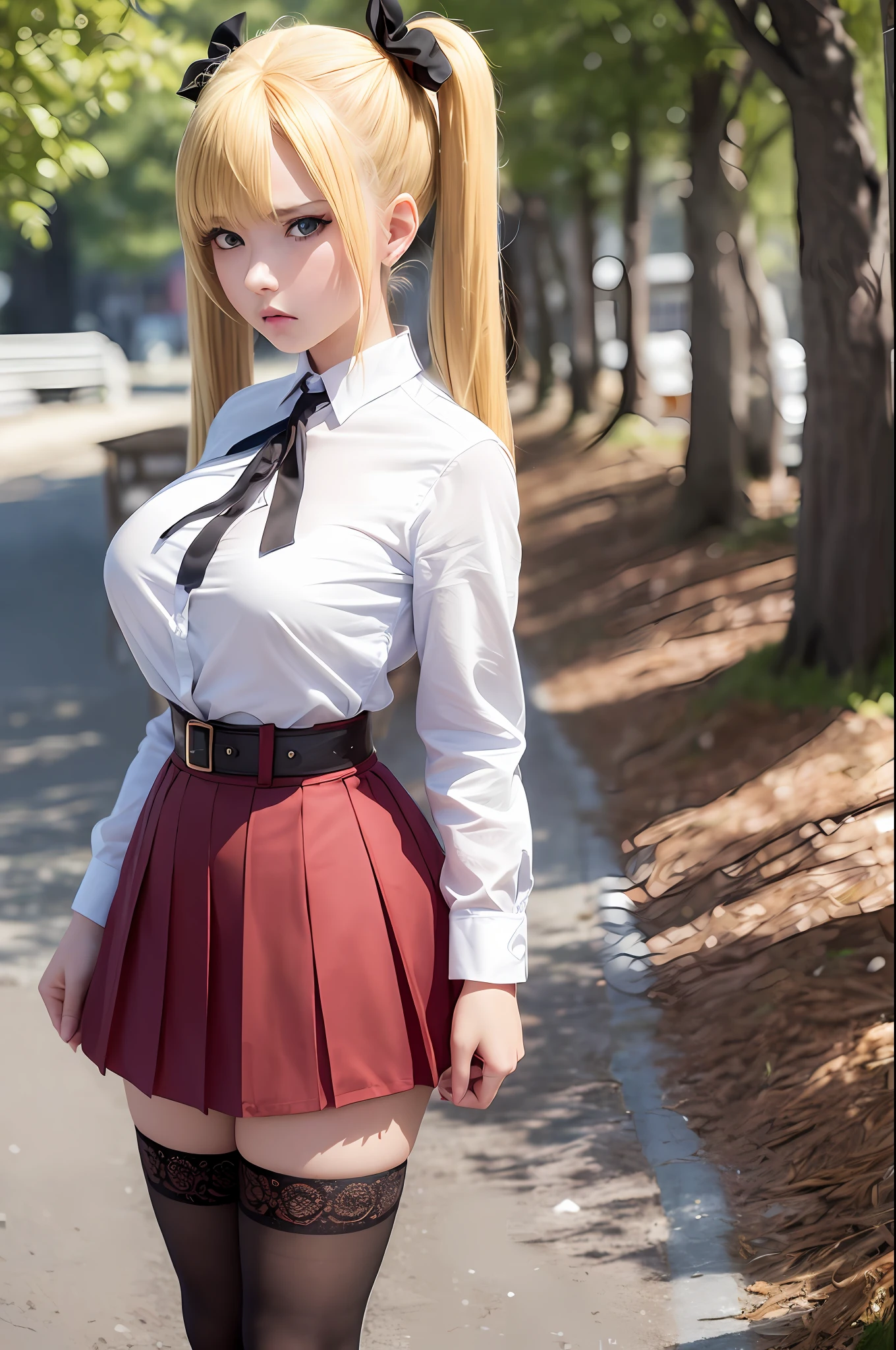masterpiece, best quality, super detailed, beautiful detailed face, intricate details, flat color, depth of field, outline, overall view, camera far away, girl, standing far, ager, anime, standing, standing upright, full-length, visible at full height, wide stance, (legs wide apart: 1.4), hands at the waist, (hands on the belt: 1.3), elbows to the sides, (fighting stance: 1.2), looks at the viewer, (village:1), nature, (blonde:1.6), (twintails:1.5), red pleated miniskirt, red skirt, white shirt, white shirt, unbuttoned top buttons, unbuttoned shirt, white blouse, (without bra:1.1), plunging neckline, black tights, detailed skin texture, detailed fabric texture, huge breasts, (blue eyes:1,1), (ruddy:1), (dissatisfied:1.5), angry, furious, (frowned:1.5)