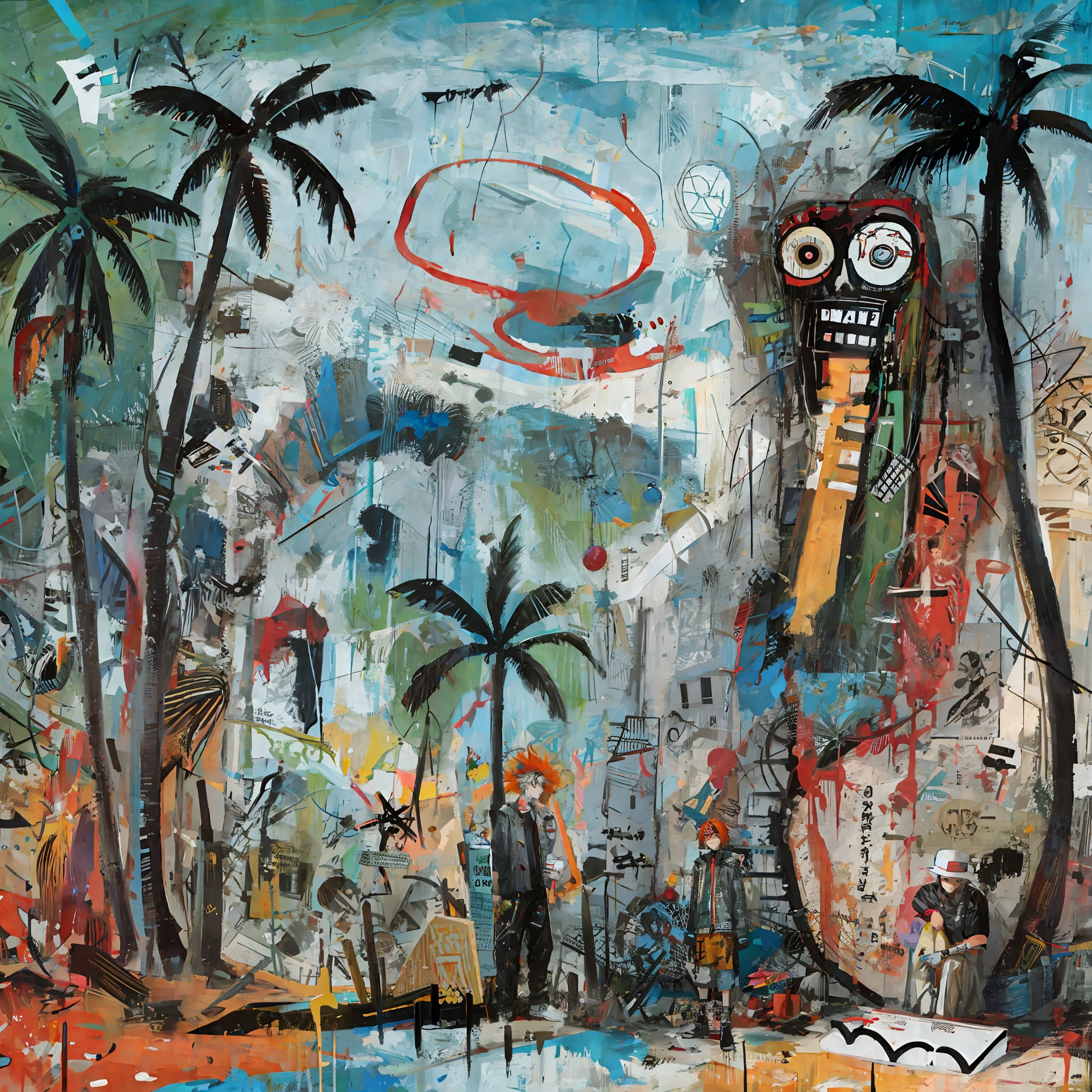 painting of a man with a red ring in his mouth, neo expressionism art, neo expressionism, neo-expressionistic, neo - expressionism, neo-expressionism, basquiat | afrofuturism, in a tropical and dystopic city, style of jeff soto, jean - michel basquiat, by Malvin Gray Johnson