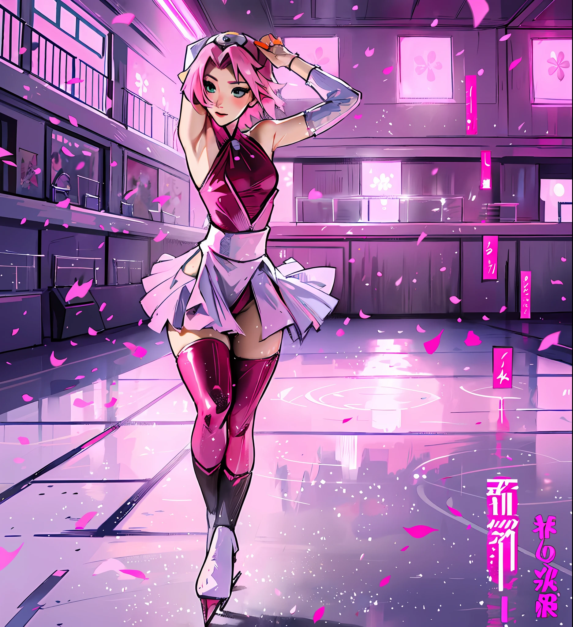 Sakura haruno, a figure skater, dancing on an ice rink, Sakura's hair is pink and short, there is nothing on her head, no adornment, whole body, her body is thin and graceful, her outfit is red, the image is charming and spectacular and there is depth in the scene, it is exciting, she is delicate, book cover