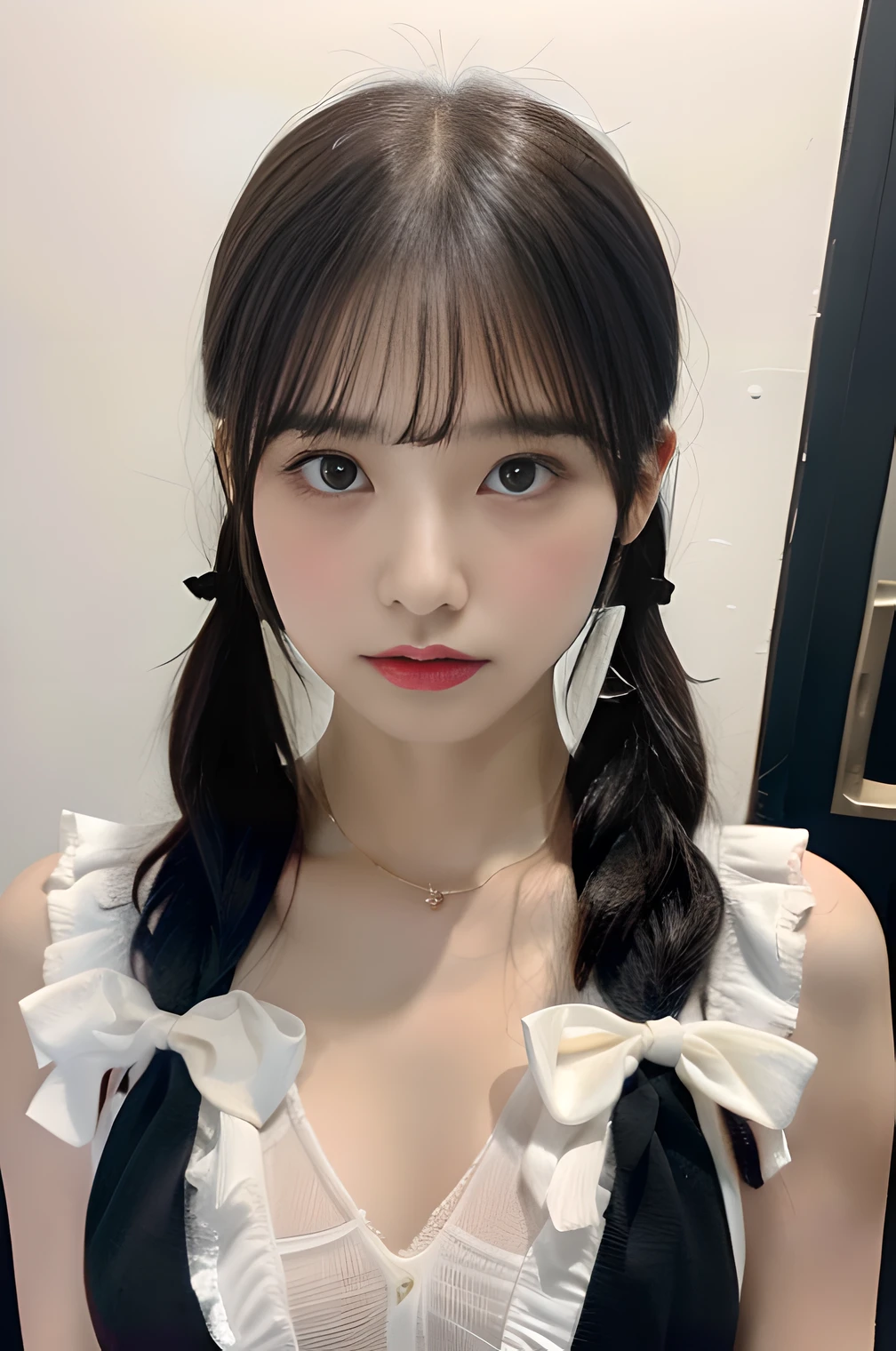 (absurdres:1.1, highres:1.1, ultra detailed:1.1),woman,black hair and eyes,long hair,bangs,twintail,ribbon,medium breasts