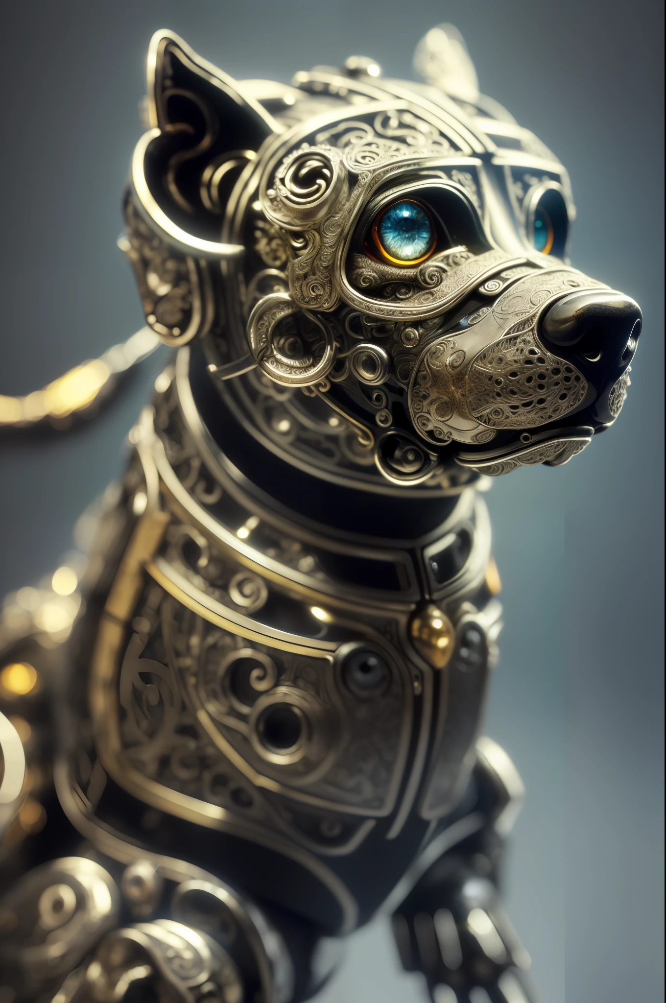to8contrast style, a cute smoked dog made of metal, (cyborg:1.2), ([tail | detailed wire]:1.3), (intricate details), hdr, (intricate details, hyperdetailed:1.2), cinematic photo, vignette, centered, by Stray game, (the most beautiful portrait in the world:1.5)
