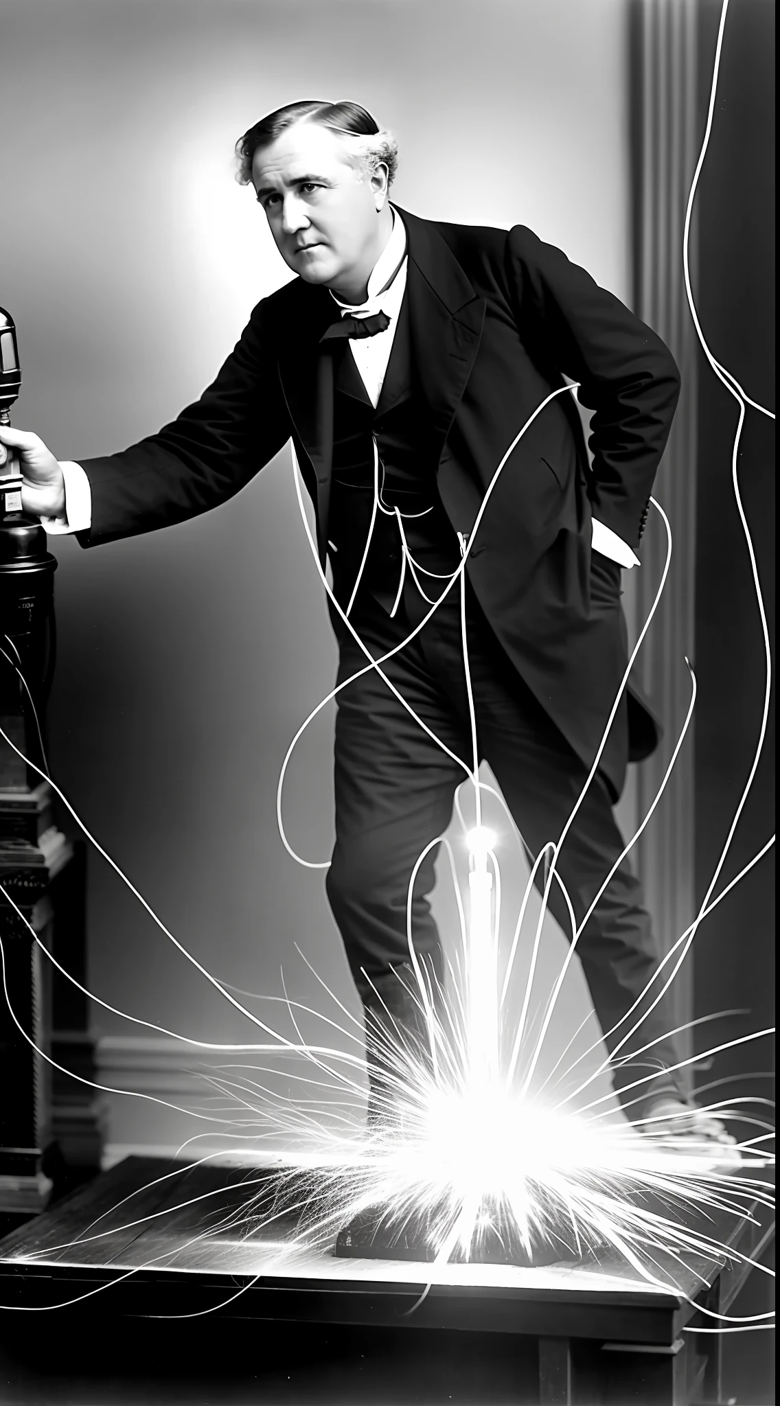historical scene showing Thomas Edison demonstrating the dangers of alternating current by electrocuting an elephant