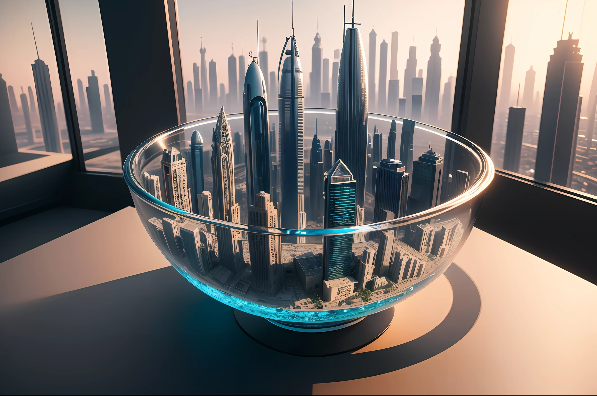 mini\(ttp\), (8k, RAW photo, best quality, masterpiece:1.2), cyberpunk city, isometric, miniature, landscape, glass bowl, dubai