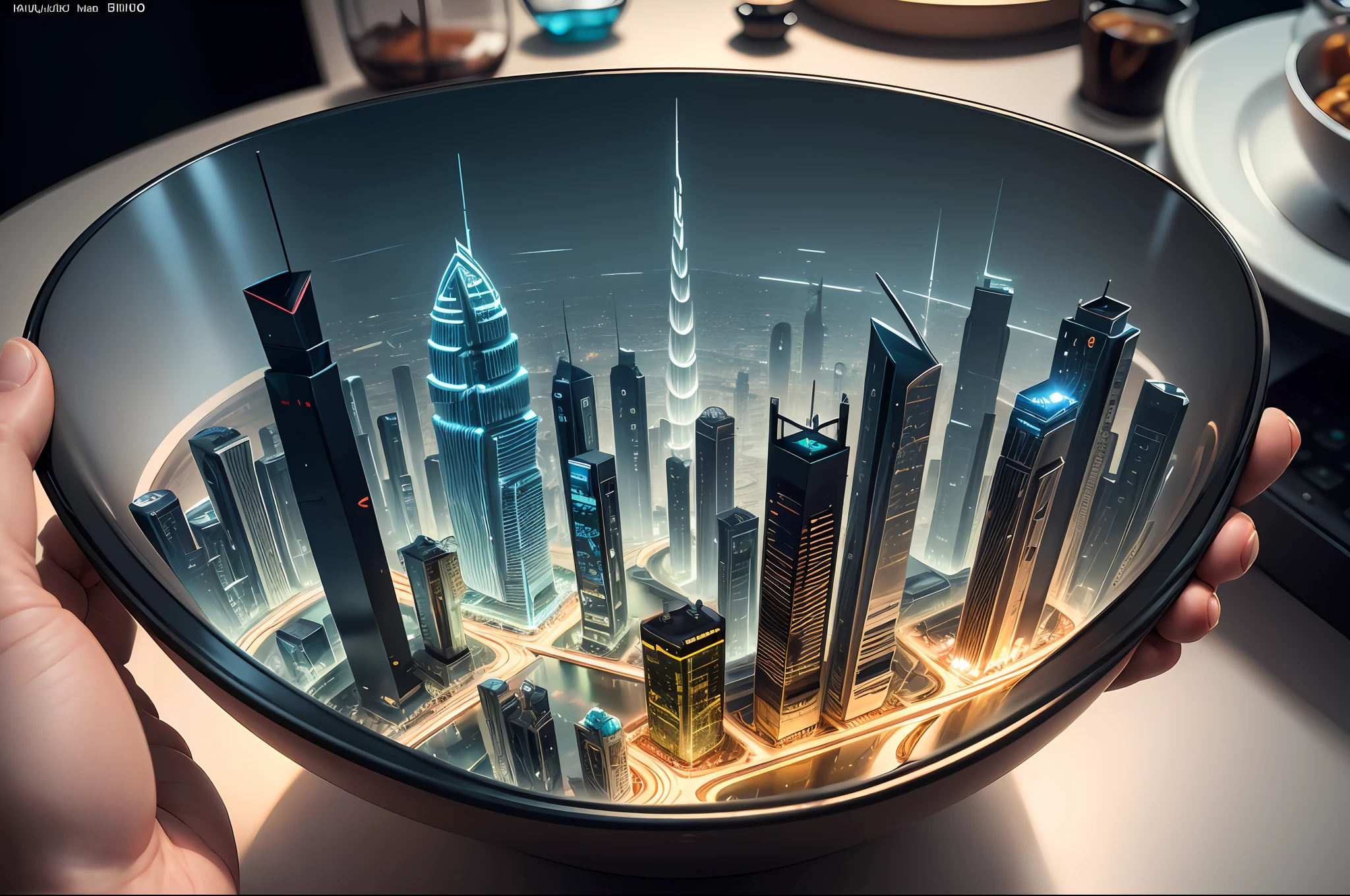 mini\(ttp\), (8k, RAW photo, best quality, masterpiece:1.2), cyberpunk city, isometric, miniature, landscape, glass bowl, dubai