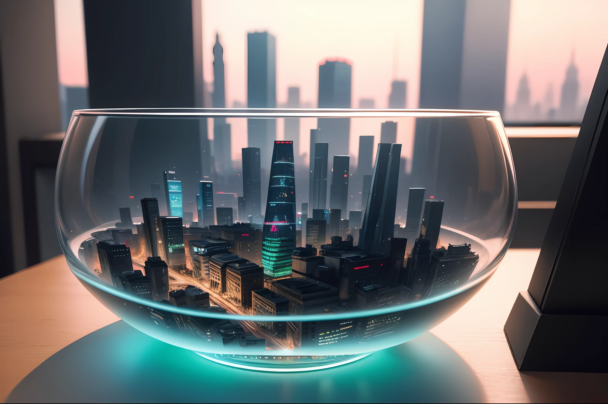 mini\(ttp\), (8k, RAW photo, best quality, masterpiece:1.2), cyberpunk city, isometric, miniature, landscape, glass bowl, london