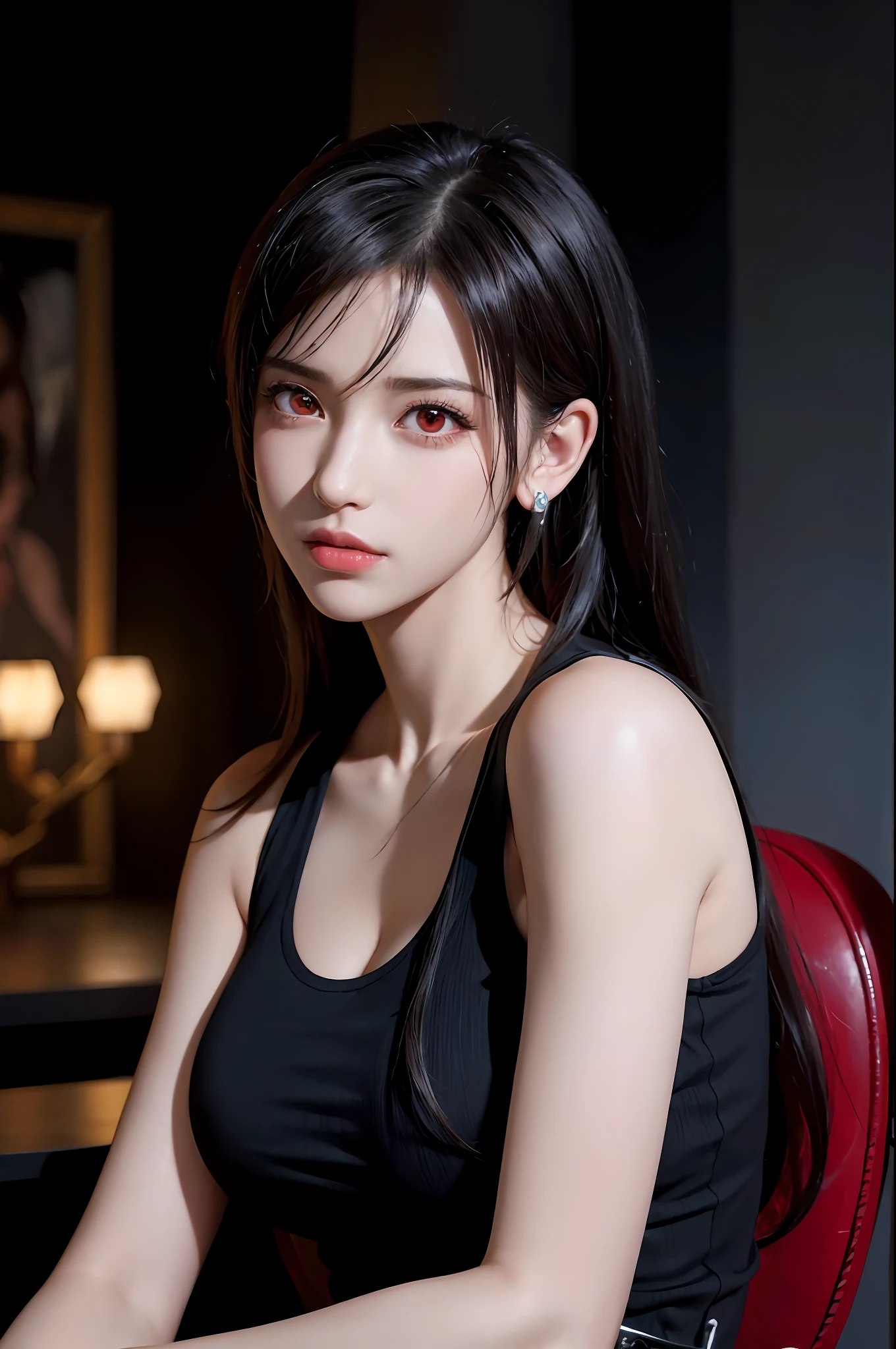 ff7r style,1girl, (TIFA:1.2),solo, long hair, earrings, jewelry red eyes,no puffy eyes,black hair, looking at viewer, realistic,parted lips, tank top, swept bangs, lips, portrait, suspenders, bare shoulders, red eyes,,bangs, ((masterpiece)),