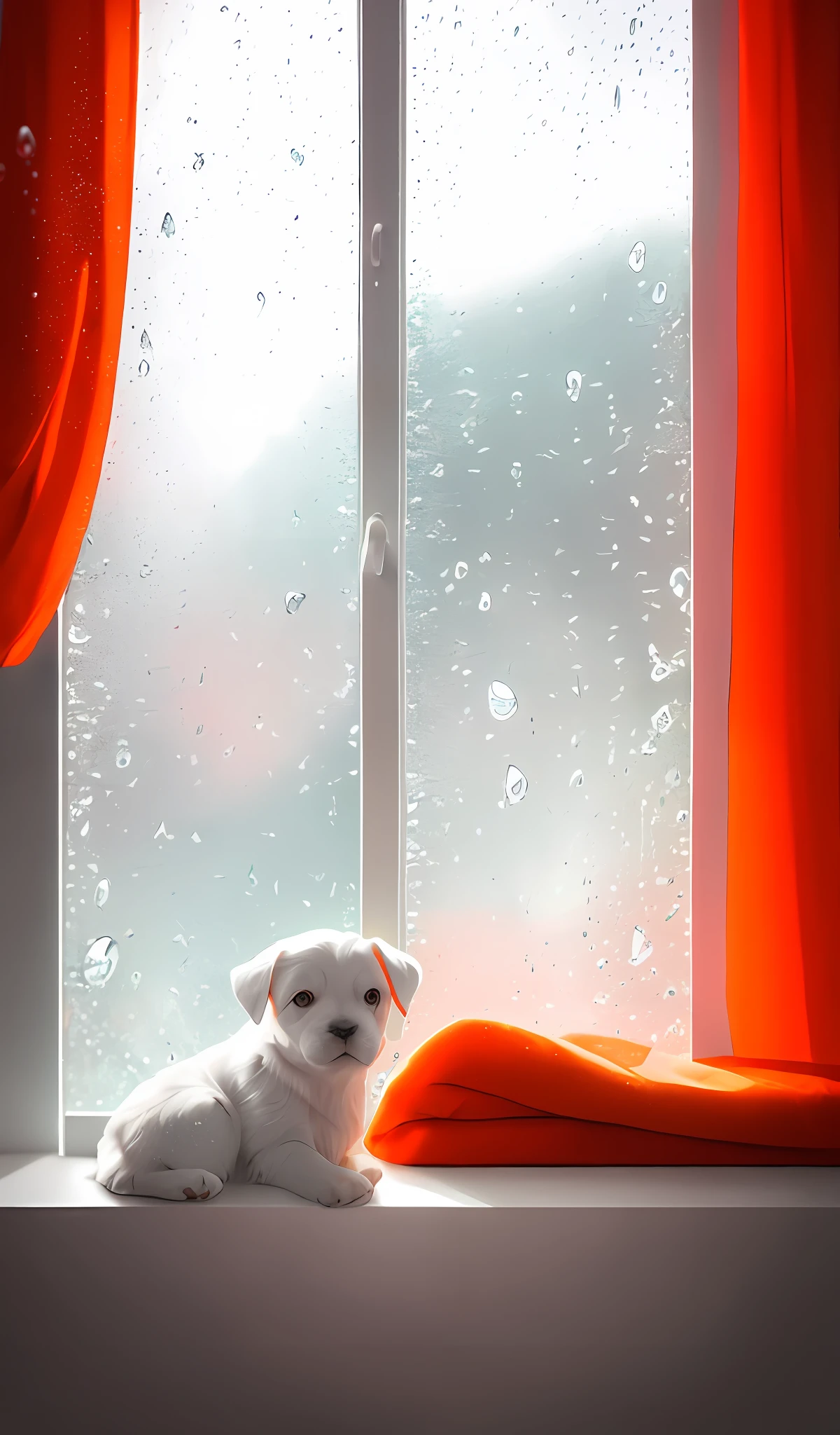 Create a relaxing image, from a window in the background to the light of an orange glowing pole behind the window and a light rain behind the window, small droplets of water on the glass, cuddly white puppy sleeping on top of the red blanket on the window, covered with cotton texture, ultra realistic, 8K, photo taken by a professional photography camera. late afternoon weather