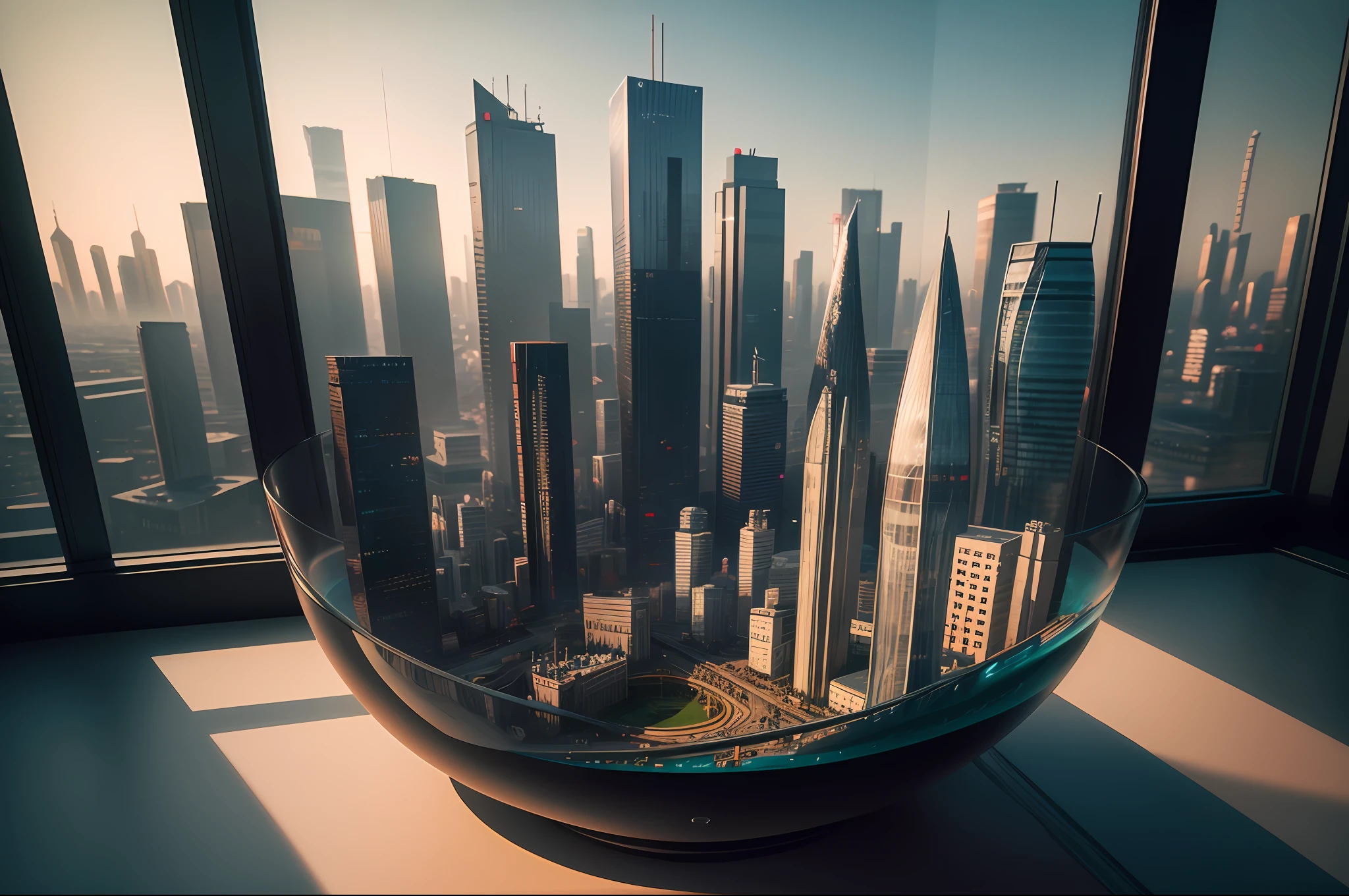 mini\(ttp\), (8k, RAW photo, best quality, masterpiece:1.2), cyberpunk city, isometric, miniature, landscape, glass bowl, london